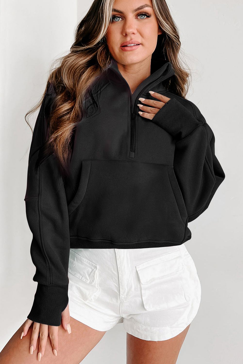 Black Fleece Lined Zip Up Sleeve Sweatshirt