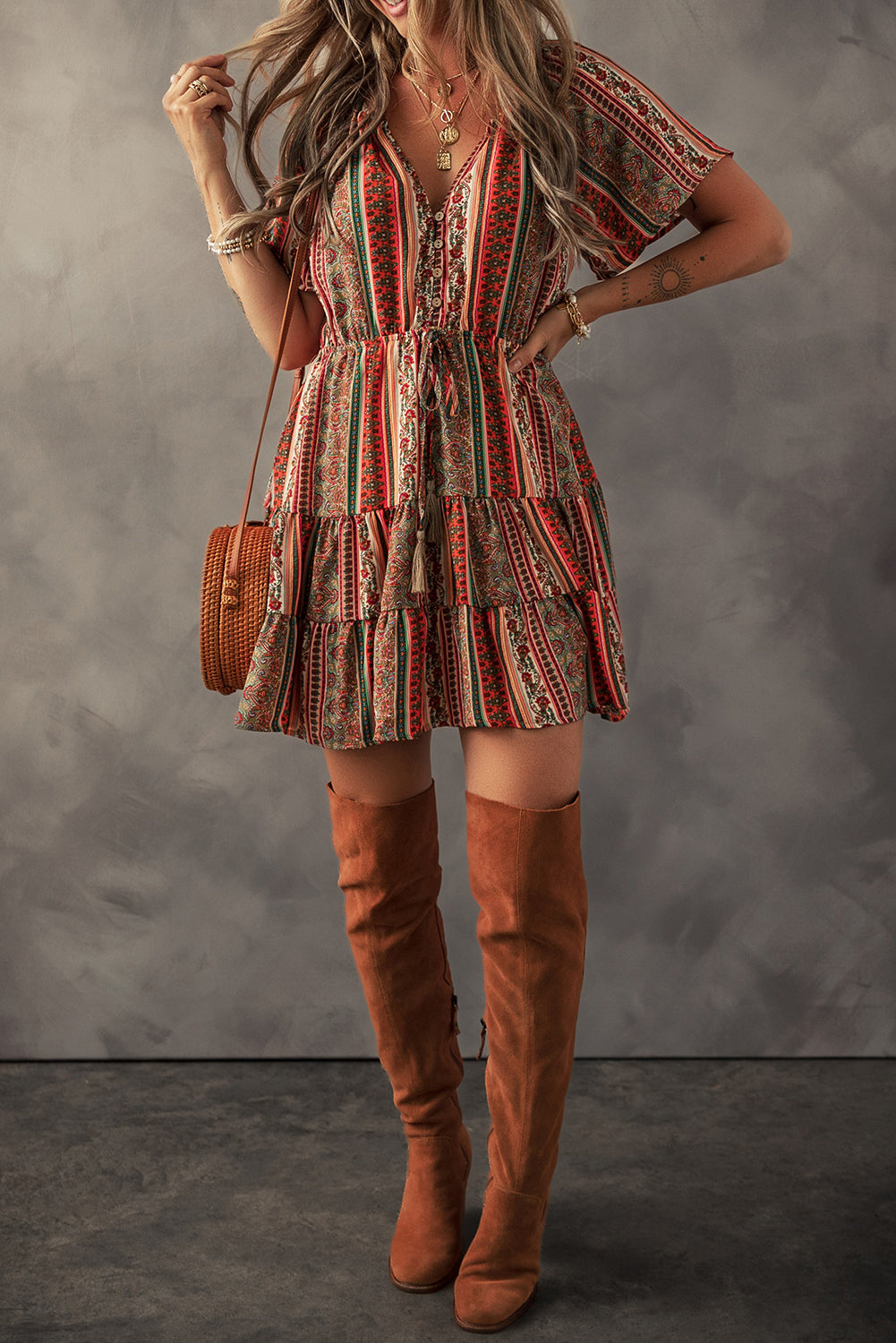 Red Bohemian Floral Print Buttoned V Neck Ruffle Tiered Dress