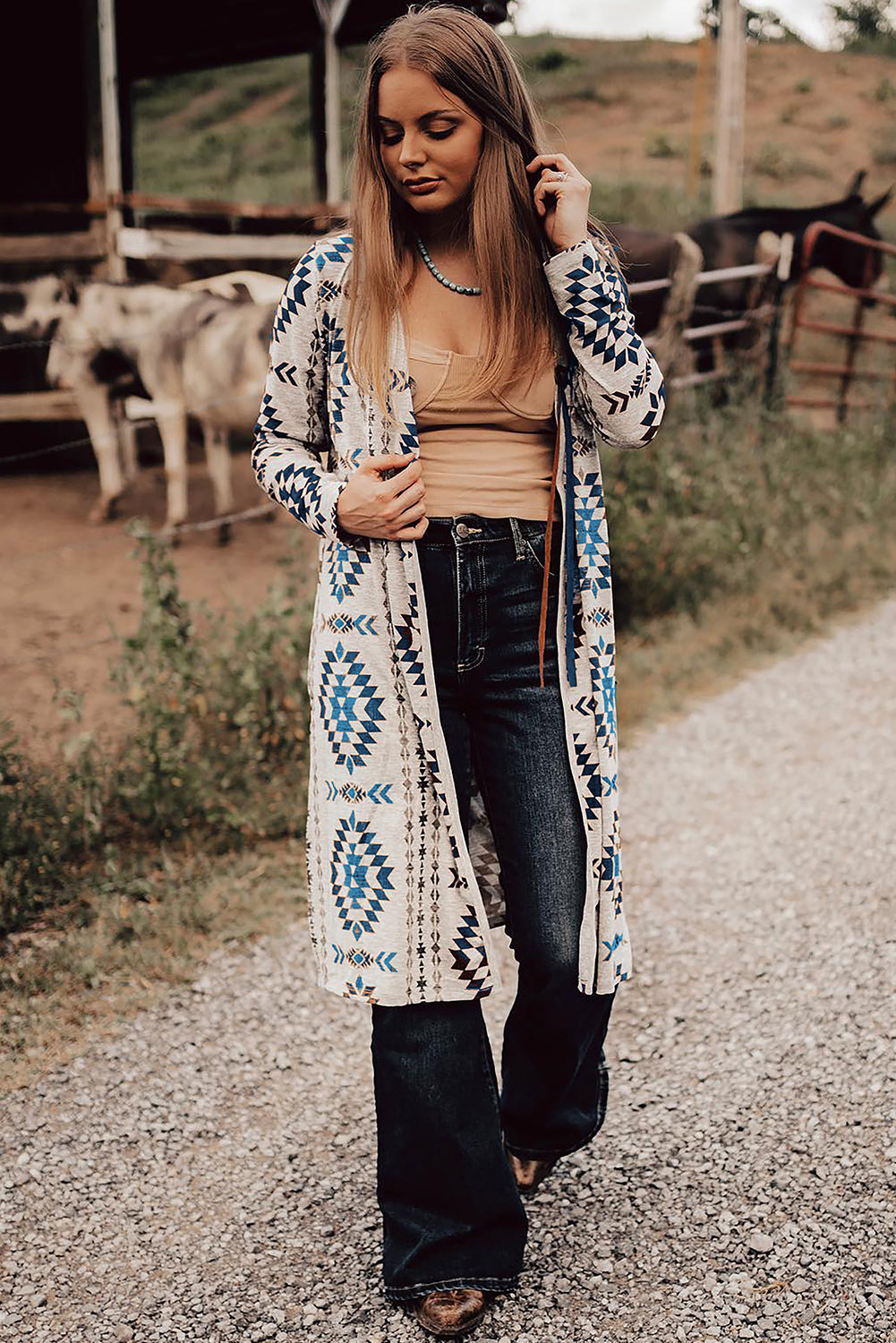 Sky Blue Western Open Front Long Cardigan