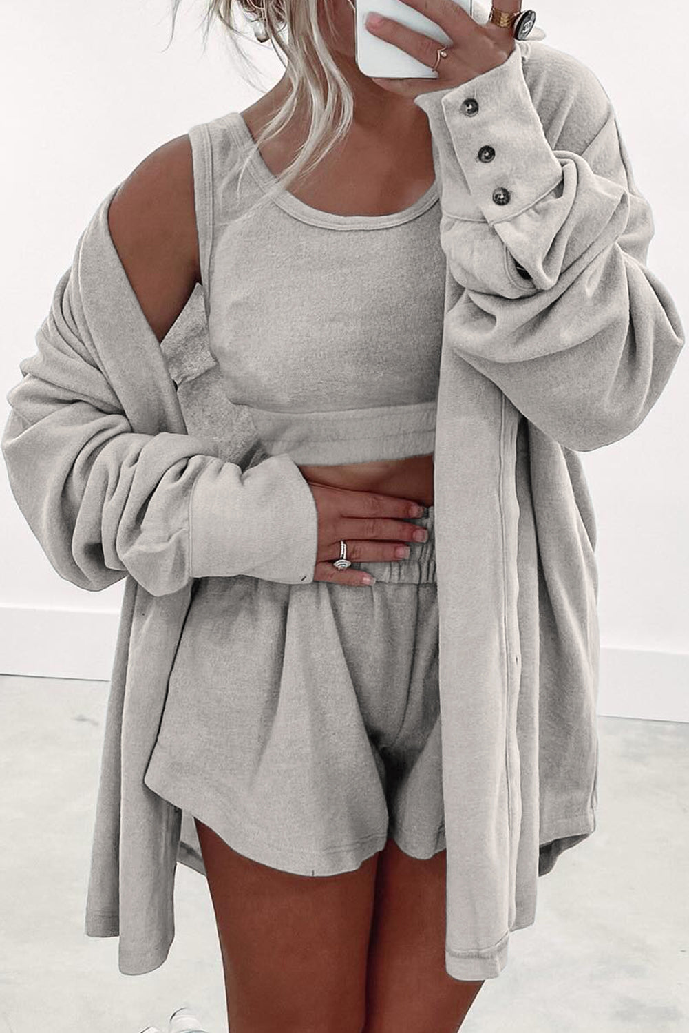 Gray 3 Pcs Crop Tank Top Shorts with Cardigan Lounge Set !