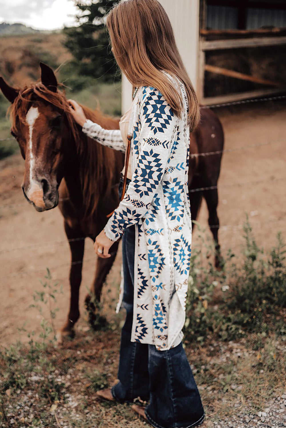 Sky Blue Western Open Front Long Cardigan