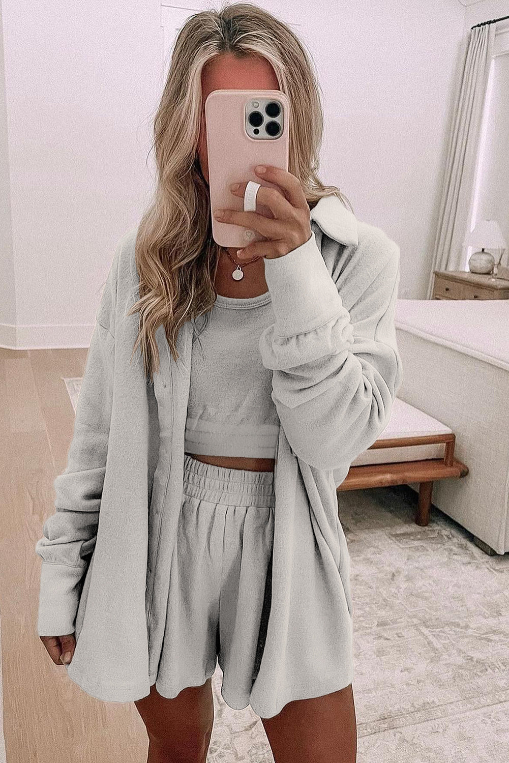 Gray 3 Pcs Crop Tank Top Shorts with Cardigan Lounge Set !