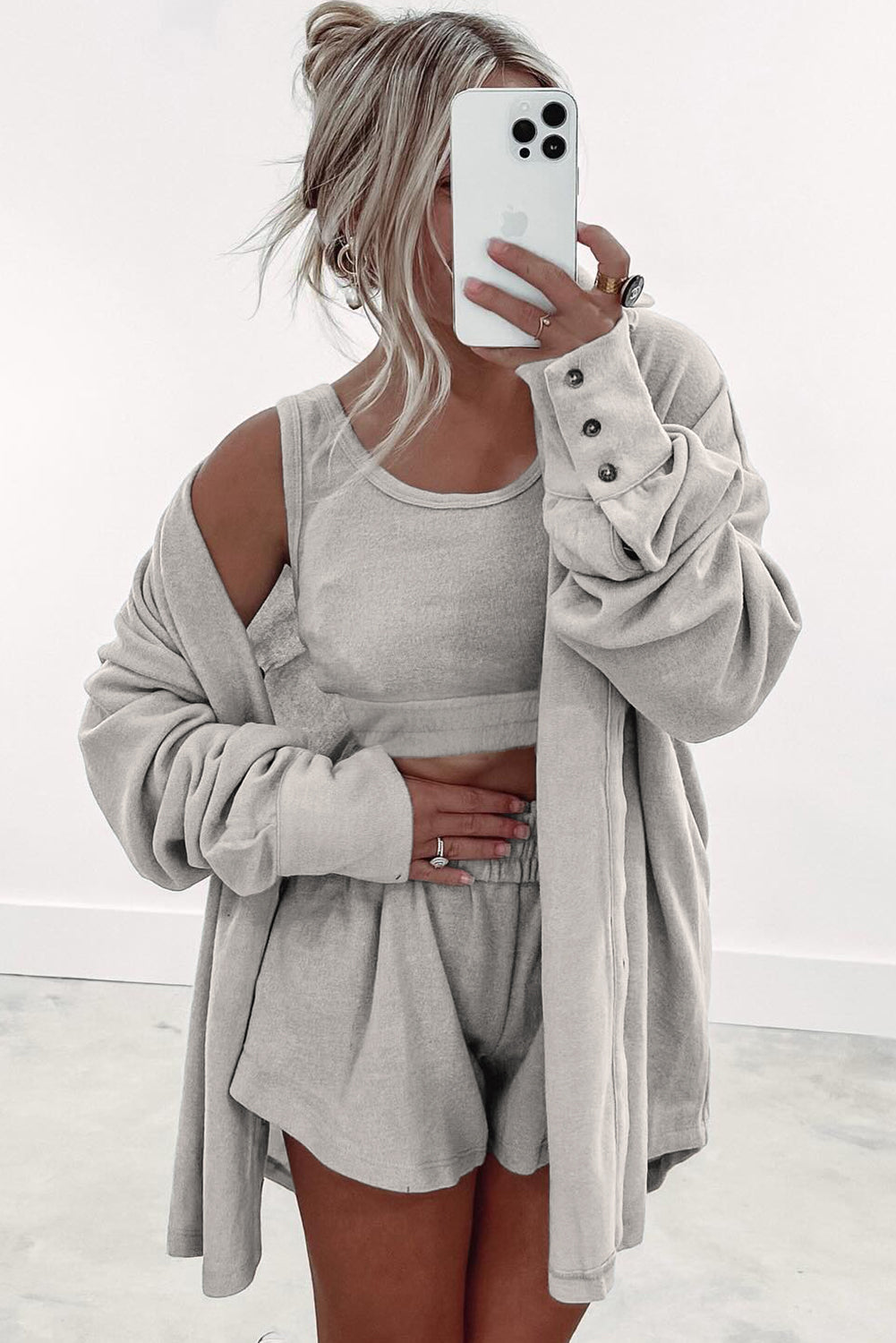 Gray 3 Pcs Crop Tank Top Shorts with Cardigan Lounge Set !