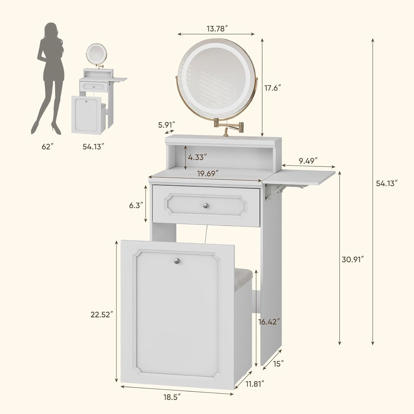 Semiocthome Farmhouse Makeup Vanity with Power Outlet 42"W Glass Top Vanity Desk with Sliding Mirror and Lights White Vanity Table with Adjustable Shelves and Side Cabinet Girls Vanity Set for Bedroom