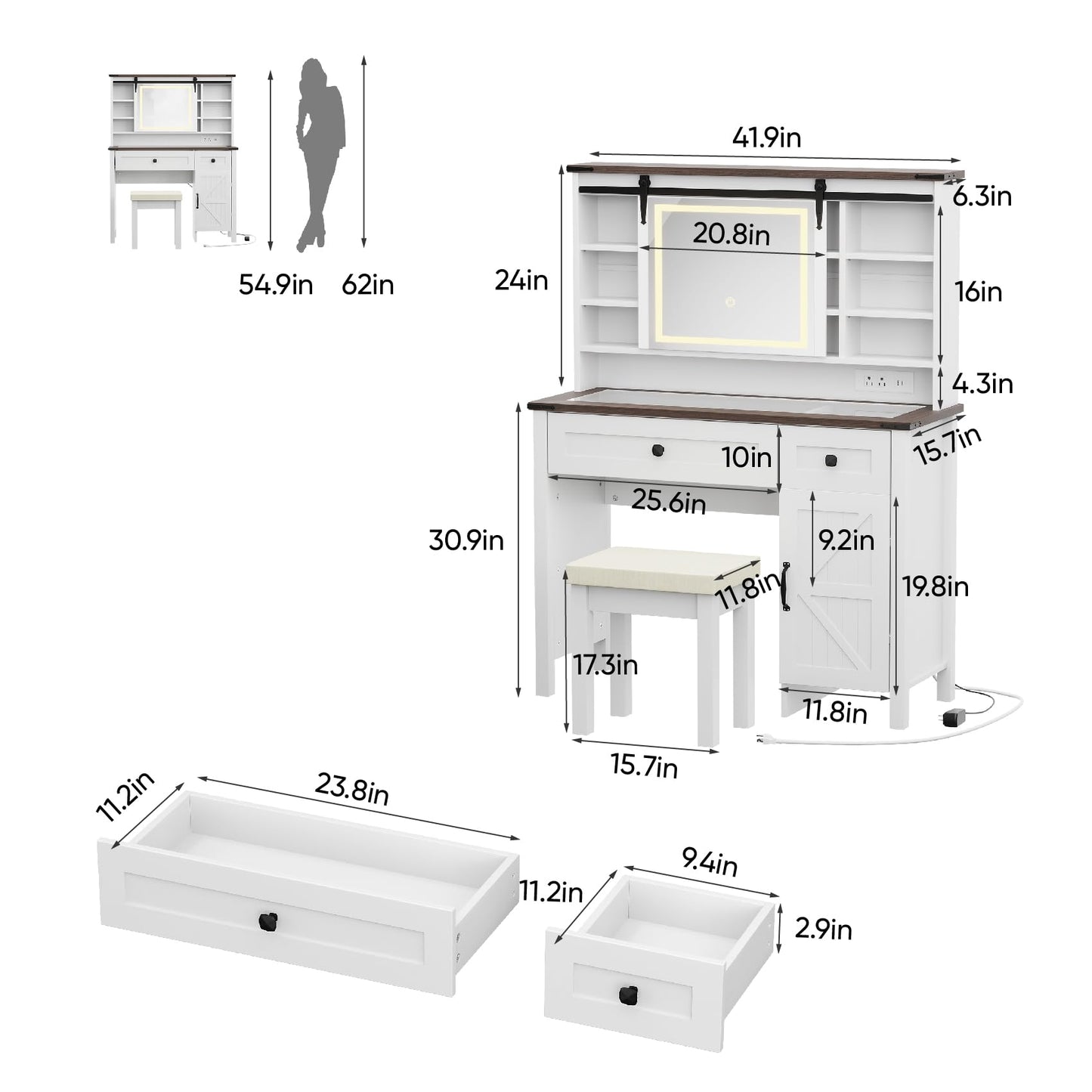 Semiocthome Farmhouse Makeup Vanity with Power Outlet 42"W Glass Top Vanity Desk with Sliding Mirror and Lights White Vanity Table with Adjustable Shelves and Side Cabinet Girls Vanity Set for Bedroom