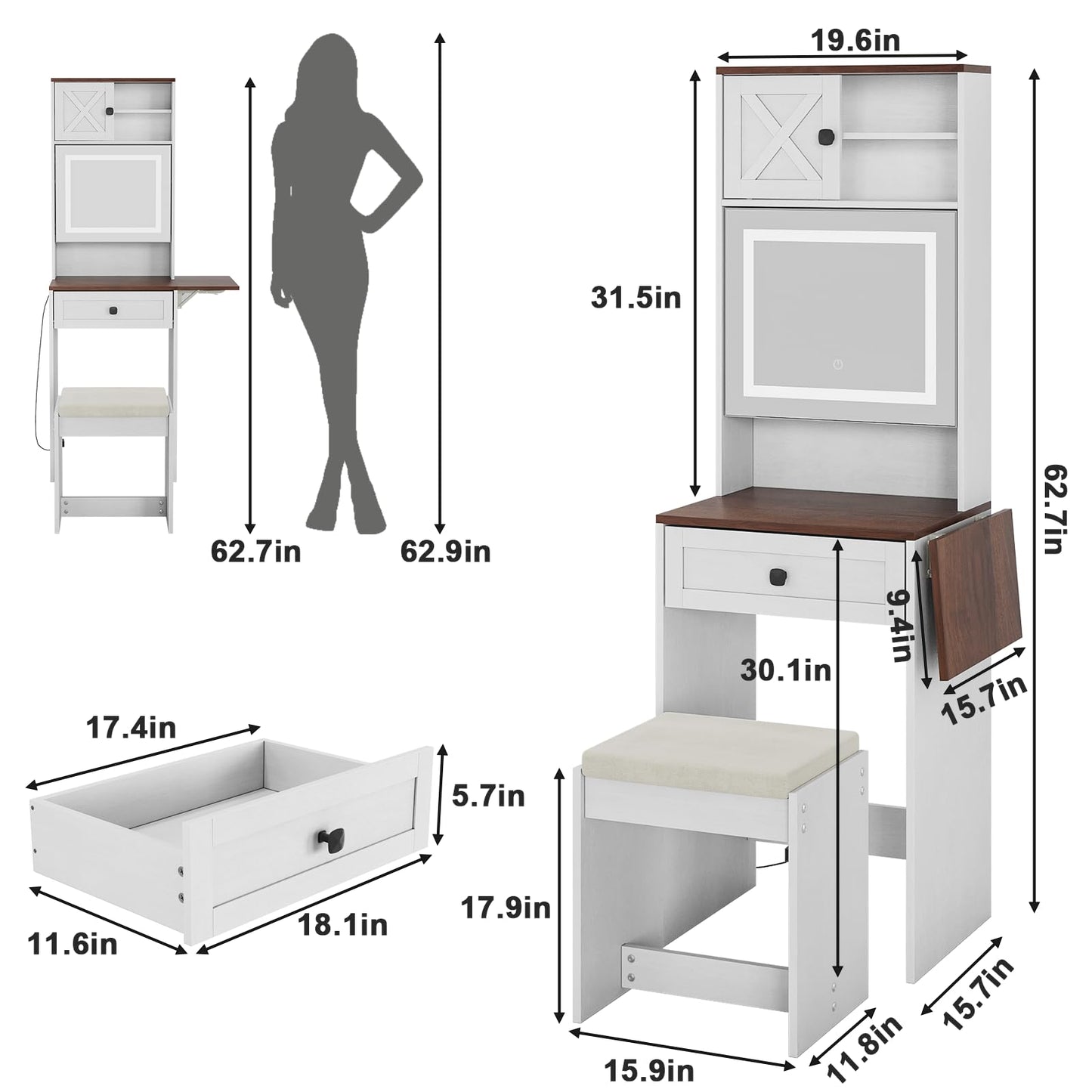 Semiocthome Farmhouse Makeup Vanity with Power Outlet 42"W Glass Top Vanity Desk with Sliding Mirror and Lights White Vanity Table with Adjustable Shelves and Side Cabinet Girls Vanity Set for Bedroom