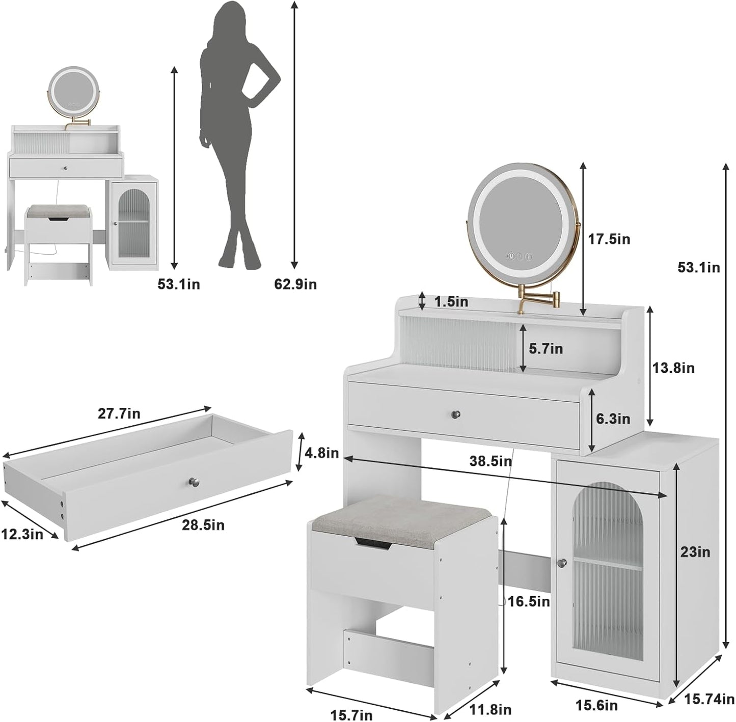 Semiocthome Farmhouse Makeup Vanity with Power Outlet 42"W Glass Top Vanity Desk with Sliding Mirror and Lights White Vanity Table with Adjustable Shelves and Side Cabinet Girls Vanity Set for Bedroom