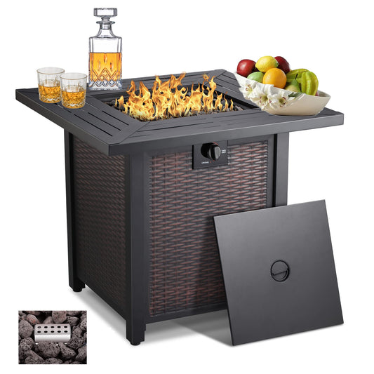 Propane Fire Pit Table, 28 Inch 50,000 BTU Auto-Ignition Gas Fire Pit Table, CSA Certification, Rattan-Look with 6.6 Lbs Lave Rock for Garden/Patio/Porch/Backyard.