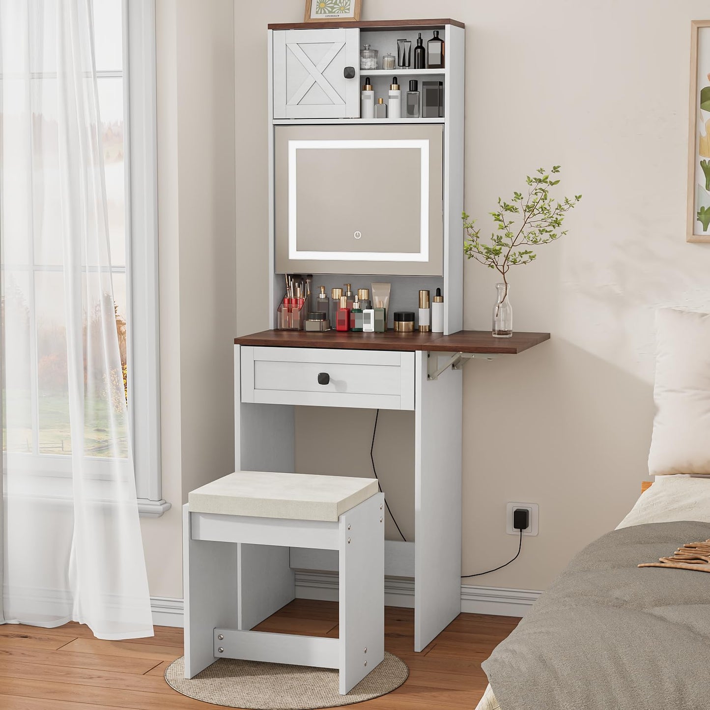 Semiocthome Farmhouse Makeup Vanity with Power Outlet 42"W Glass Top Vanity Desk with Sliding Mirror and Lights White Vanity Table with Adjustable Shelves and Side Cabinet Girls Vanity Set for Bedroom