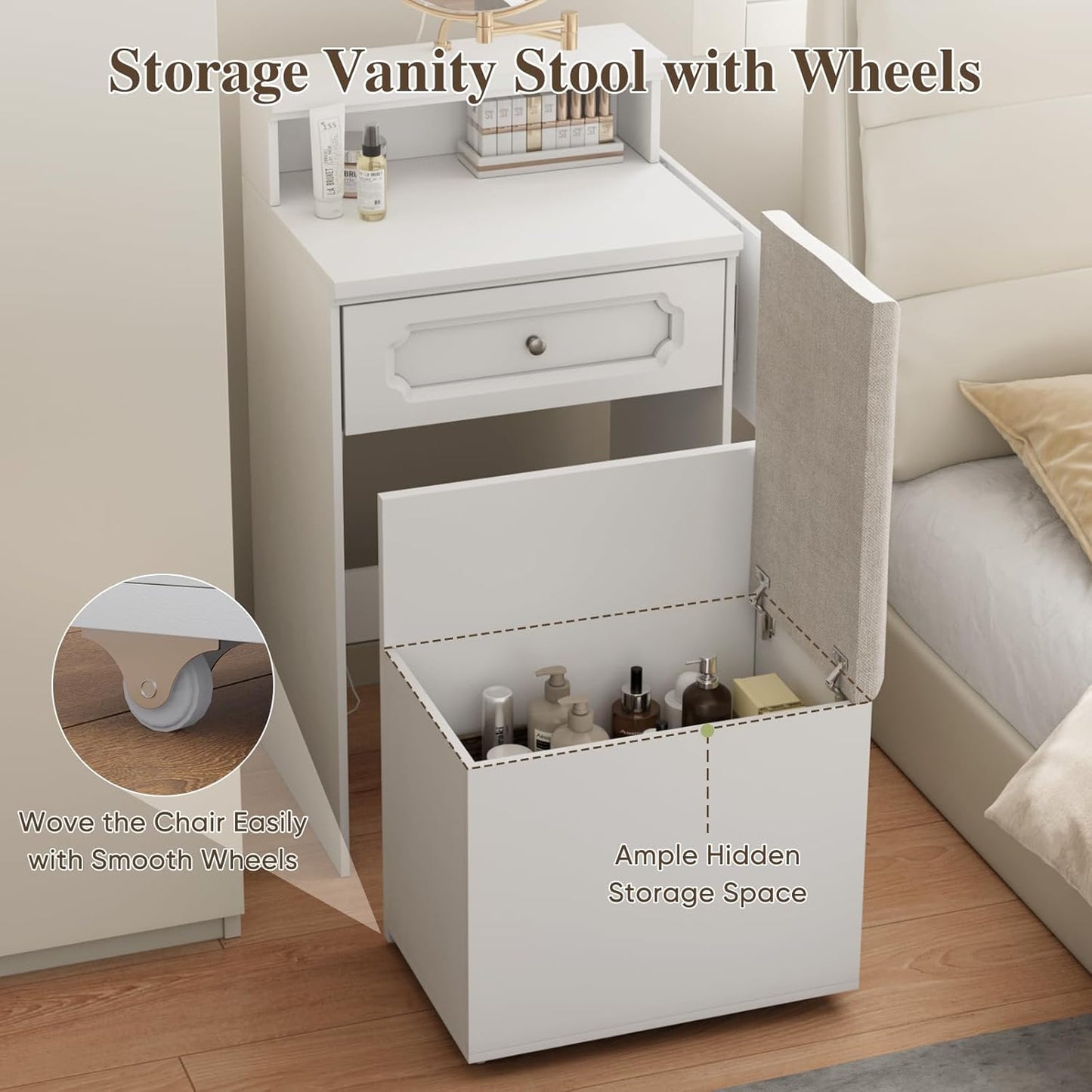Semiocthome Farmhouse Makeup Vanity with Power Outlet 42"W Glass Top Vanity Desk with Sliding Mirror and Lights White Vanity Table with Adjustable Shelves and Side Cabinet Girls Vanity Set for Bedroom