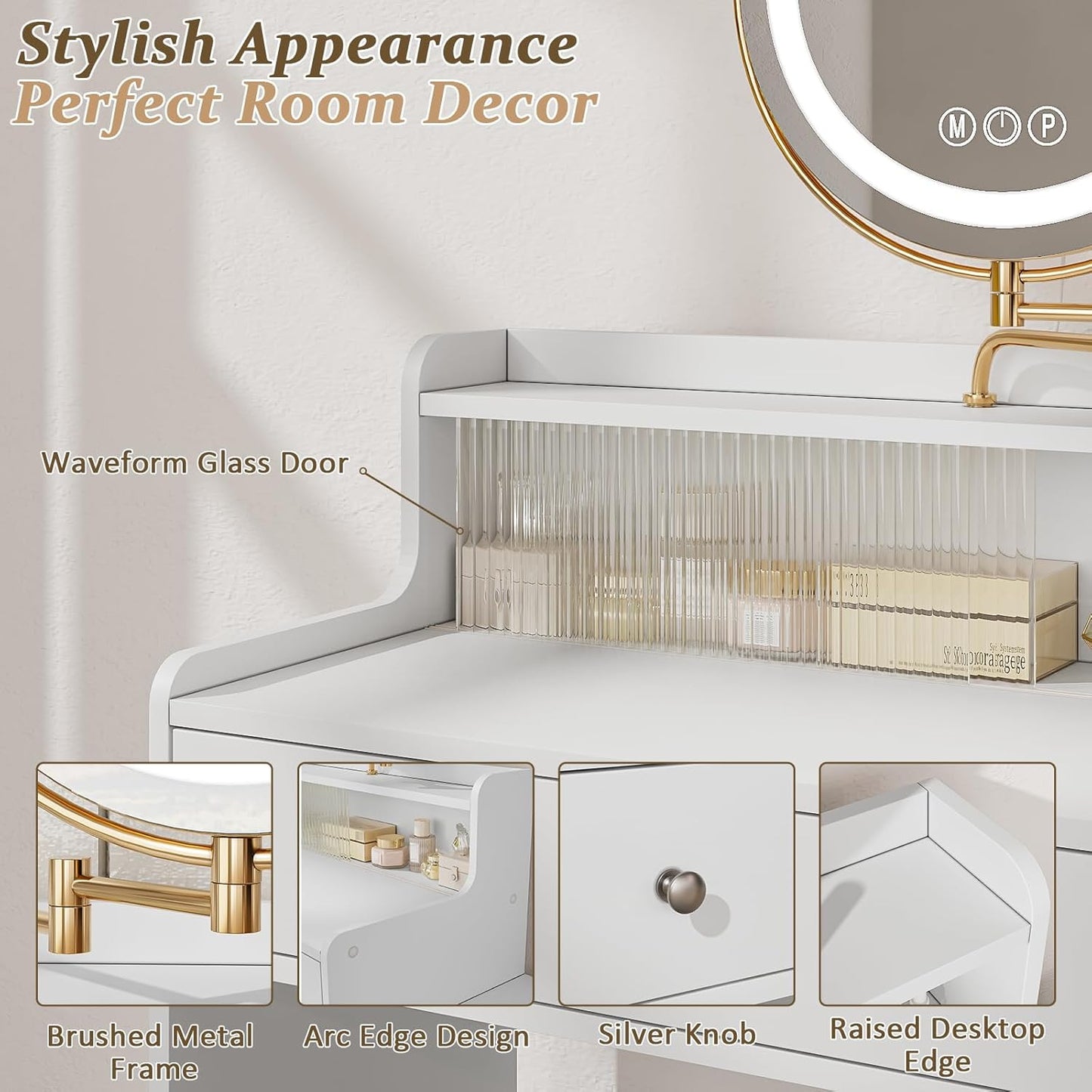 Semiocthome Farmhouse Makeup Vanity with Power Outlet 42"W Glass Top Vanity Desk with Sliding Mirror and Lights White Vanity Table with Adjustable Shelves and Side Cabinet Girls Vanity Set for Bedroom