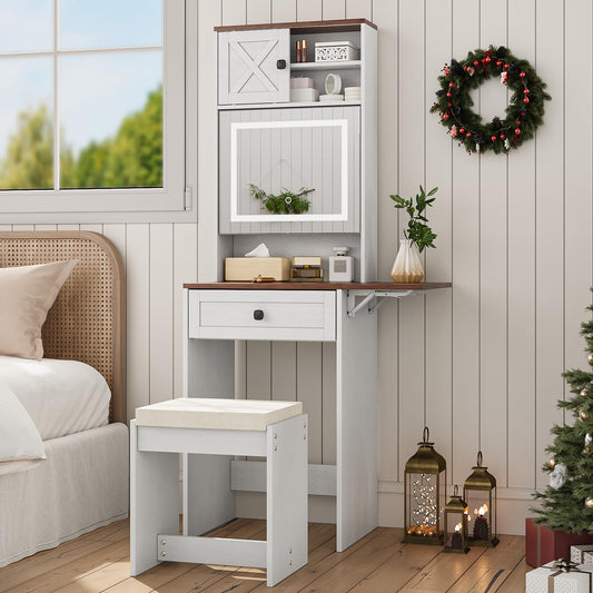 Semiocthome Farmhouse Makeup Vanity with Power Outlet 42"W Glass Top Vanity Desk with Sliding Mirror and Lights White Vanity Table with Adjustable Shelves and Side Cabinet Girls Vanity Set for Bedroom
