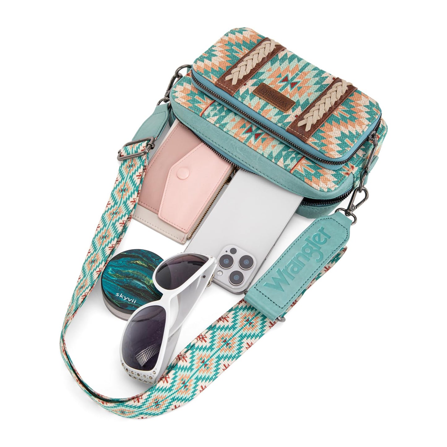 Wrangler Crossbody Bag for Women Boho Aztec Small Multi Pocket Crossover Purse