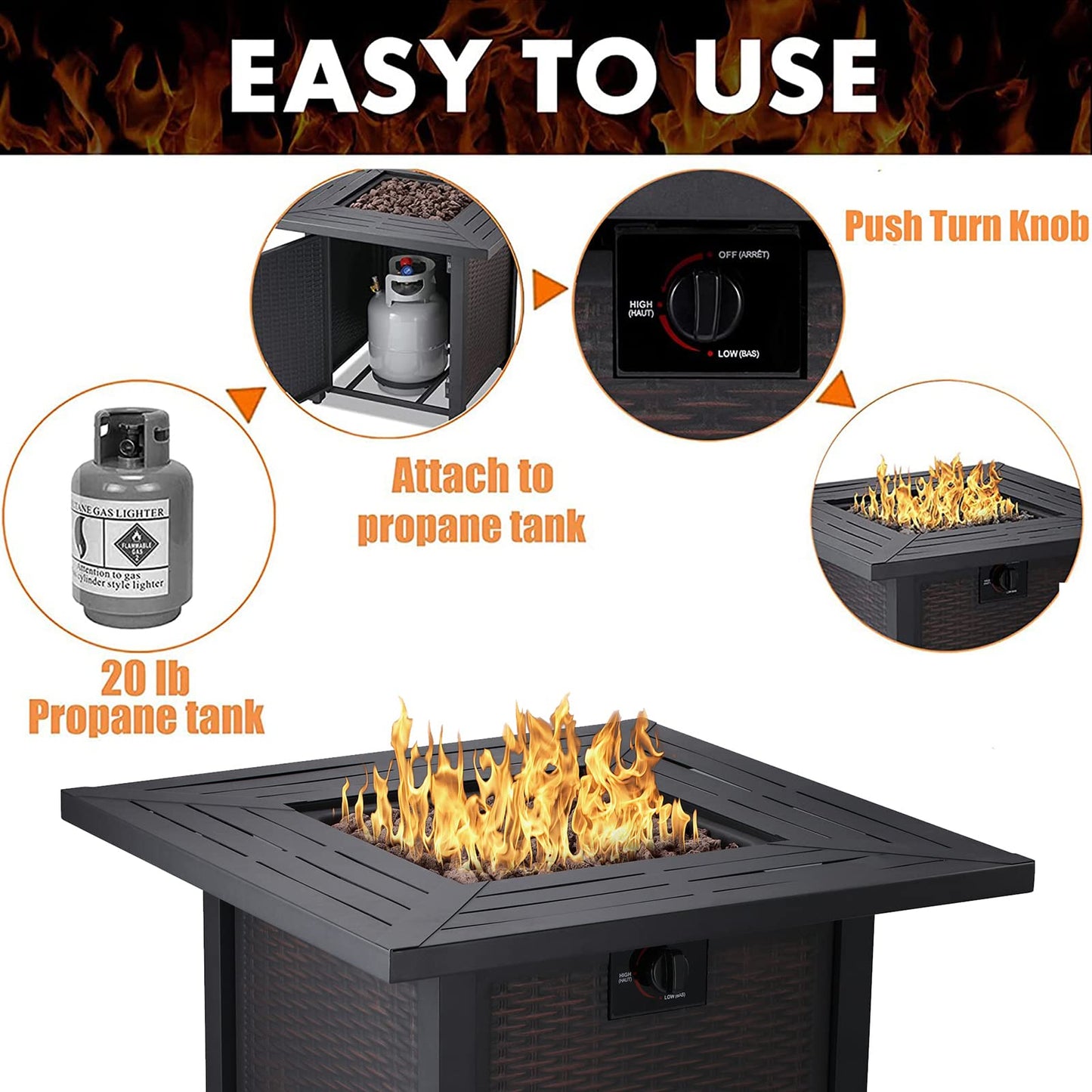 Propane Fire Pit Table, 28 Inch 50,000 BTU Auto-Ignition Gas Fire Pit Table, CSA Certification, Rattan-Look with 6.6 Lbs Lave Rock for Garden/Patio/Porch/Backyard.