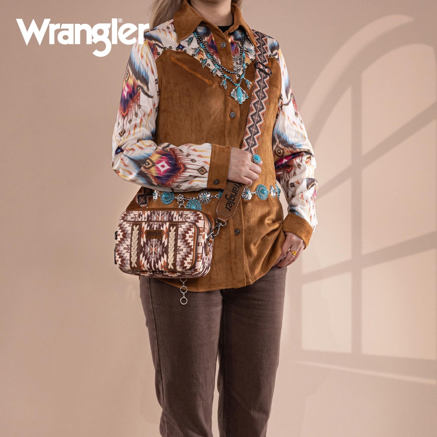 Wrangler Crossbody Bag for Women Boho Aztec Small Multi Pocket Crossover Purse