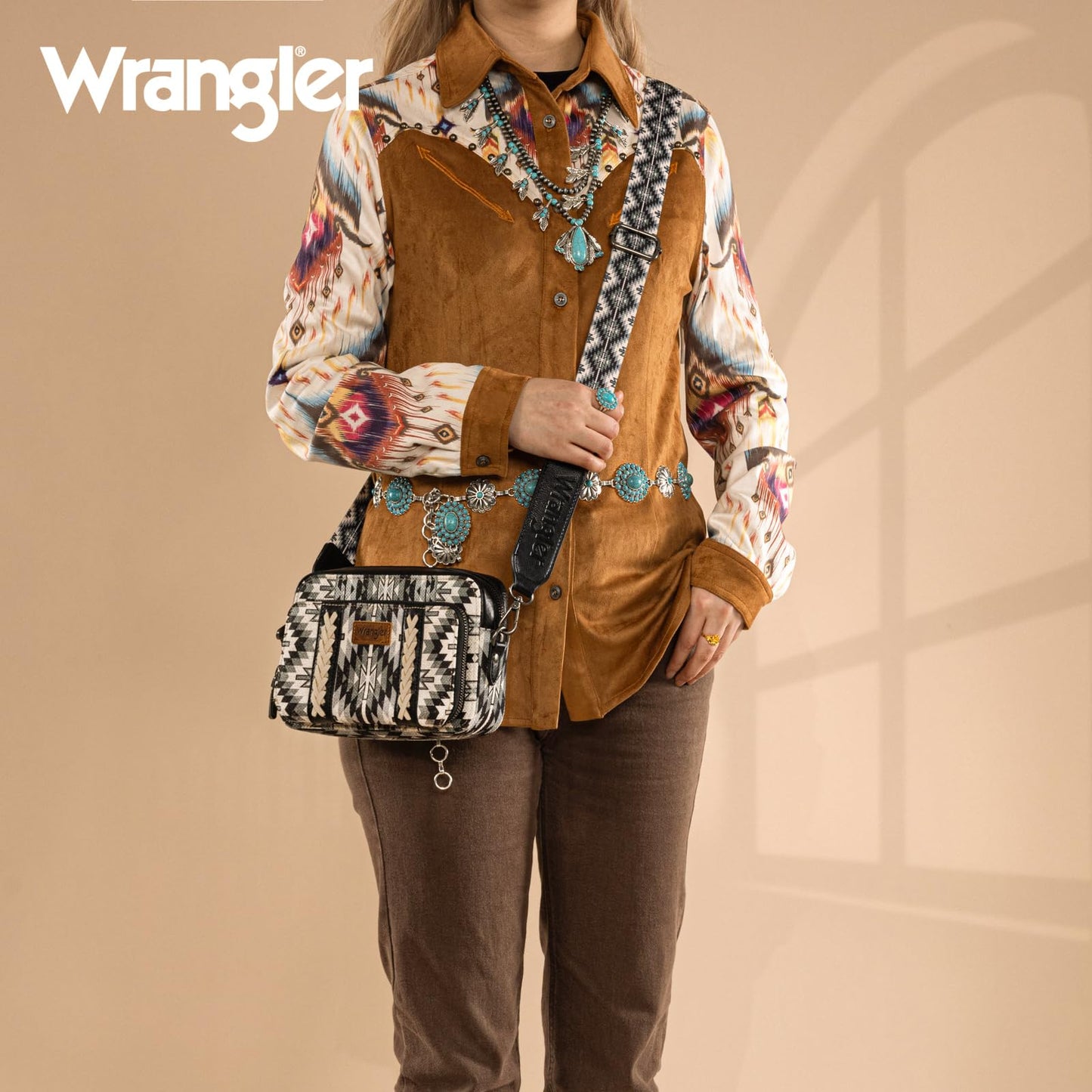 Wrangler Crossbody Bag for Women Boho Aztec Small Multi Pocket Crossover Purse