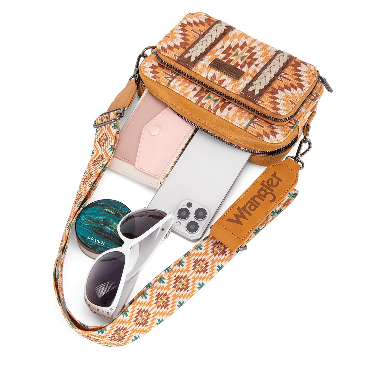 Wrangler Crossbody Bag for Women Boho Aztec Small Multi Pocket Crossover Purse