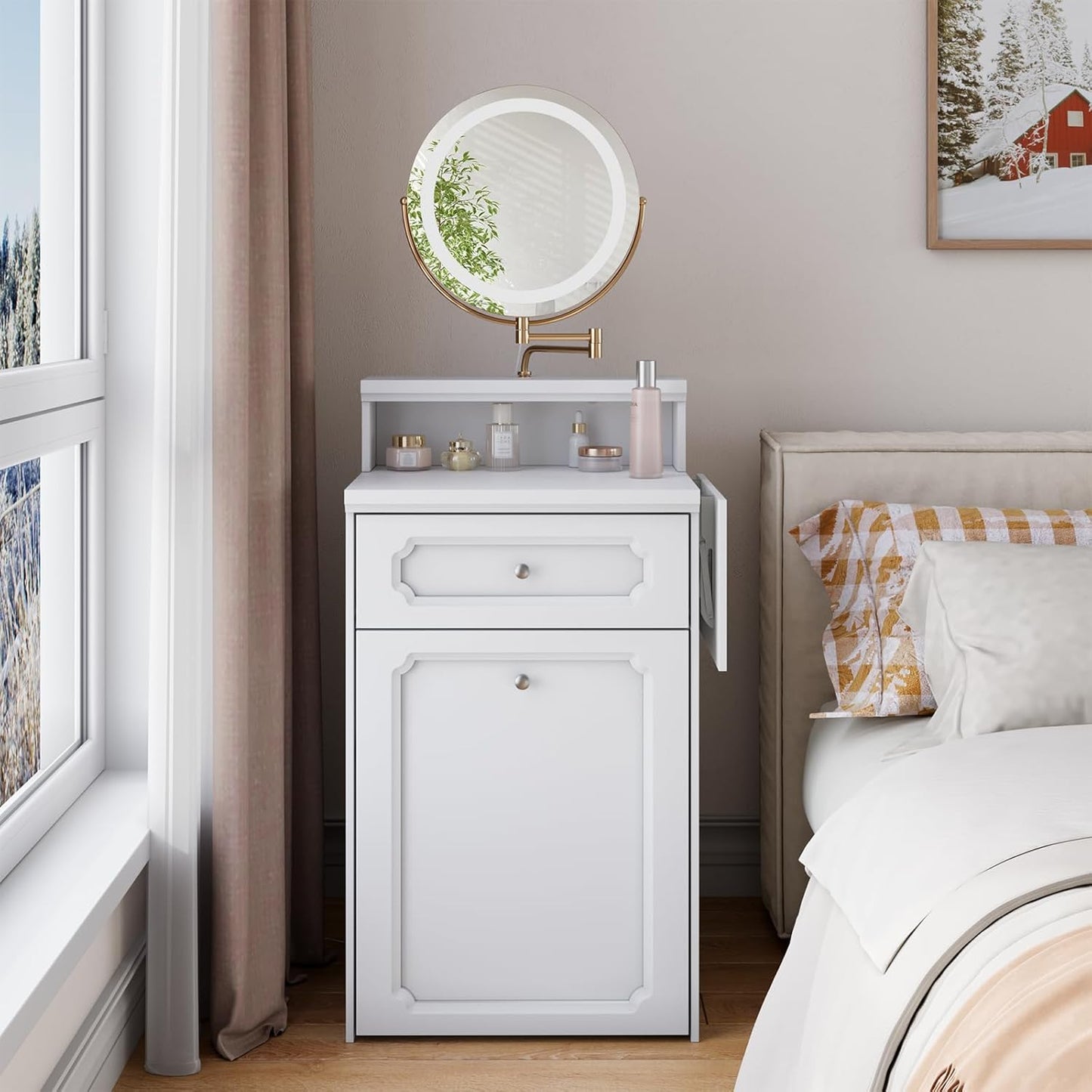 Semiocthome Farmhouse Makeup Vanity with Power Outlet 42"W Glass Top Vanity Desk with Sliding Mirror and Lights White Vanity Table with Adjustable Shelves and Side Cabinet Girls Vanity Set for Bedroom
