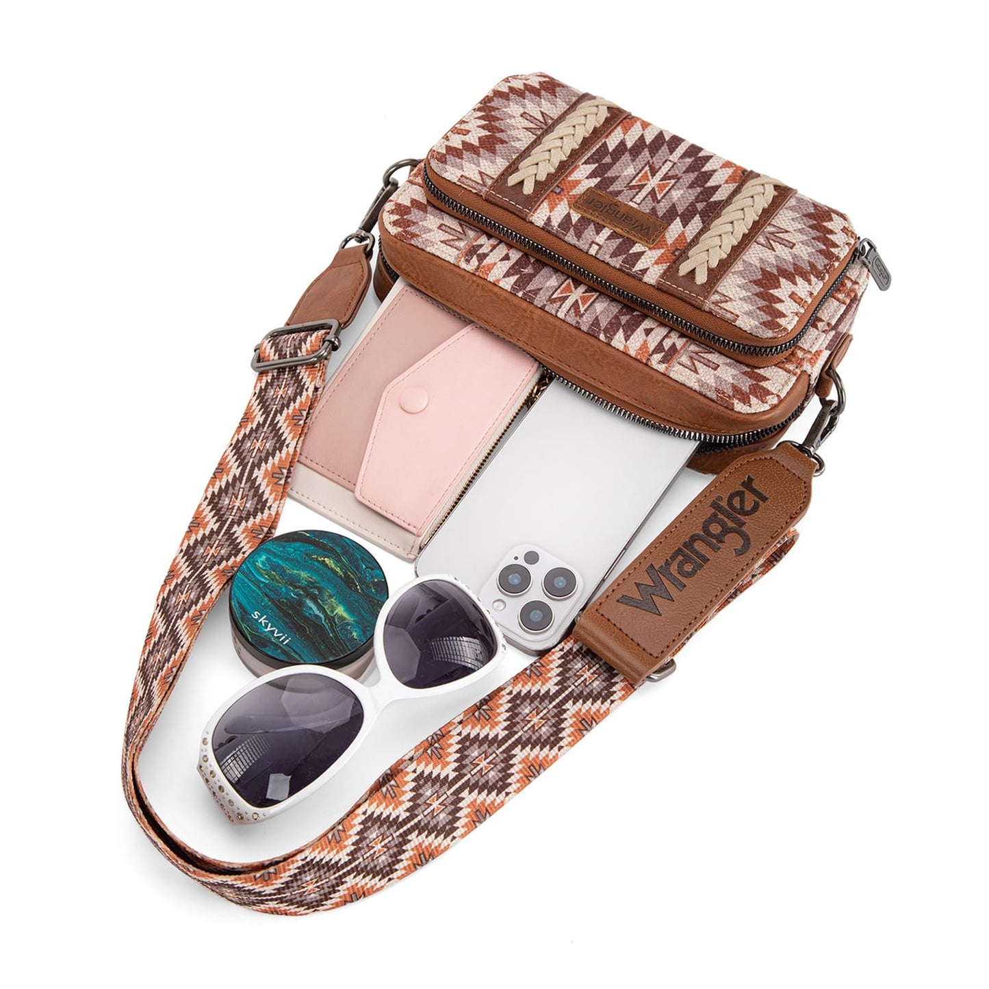 Wrangler Crossbody Bag for Women Boho Aztec Small Multi Pocket Crossover Purse