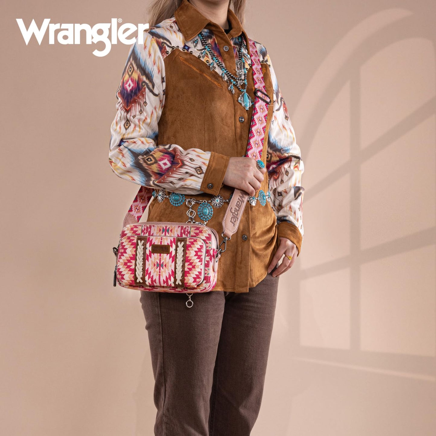 Wrangler Crossbody Bag for Women Boho Aztec Small Multi Pocket Crossover Purse