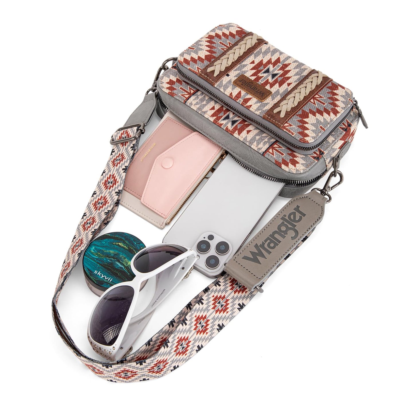 Wrangler Crossbody Bag for Women Boho Aztec Small Multi Pocket Crossover Purse