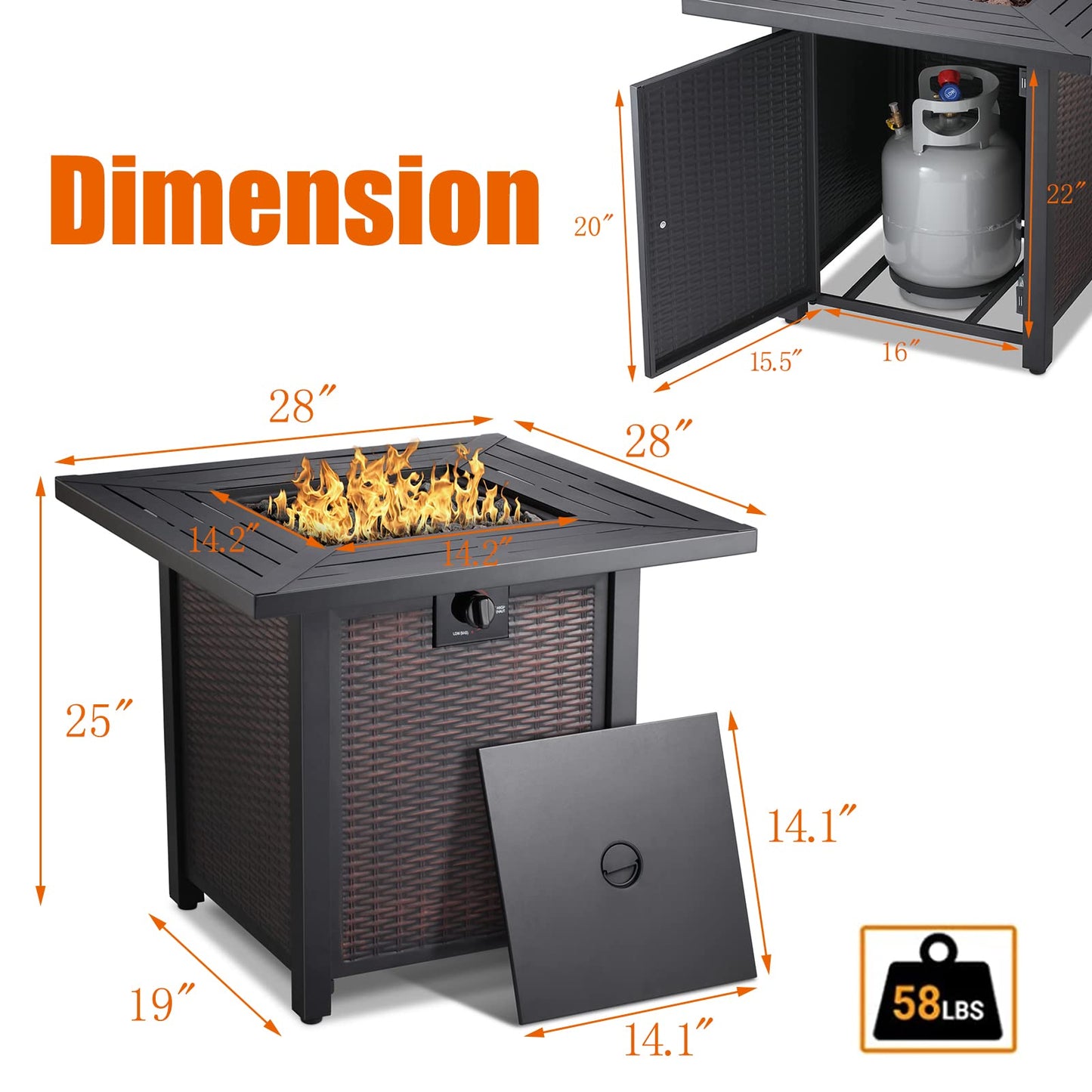 Propane Fire Pit Table, 28 Inch 50,000 BTU Auto-Ignition Gas Fire Pit Table, CSA Certification, Rattan-Look with 6.6 Lbs Lave Rock for Garden/Patio/Porch/Backyard.