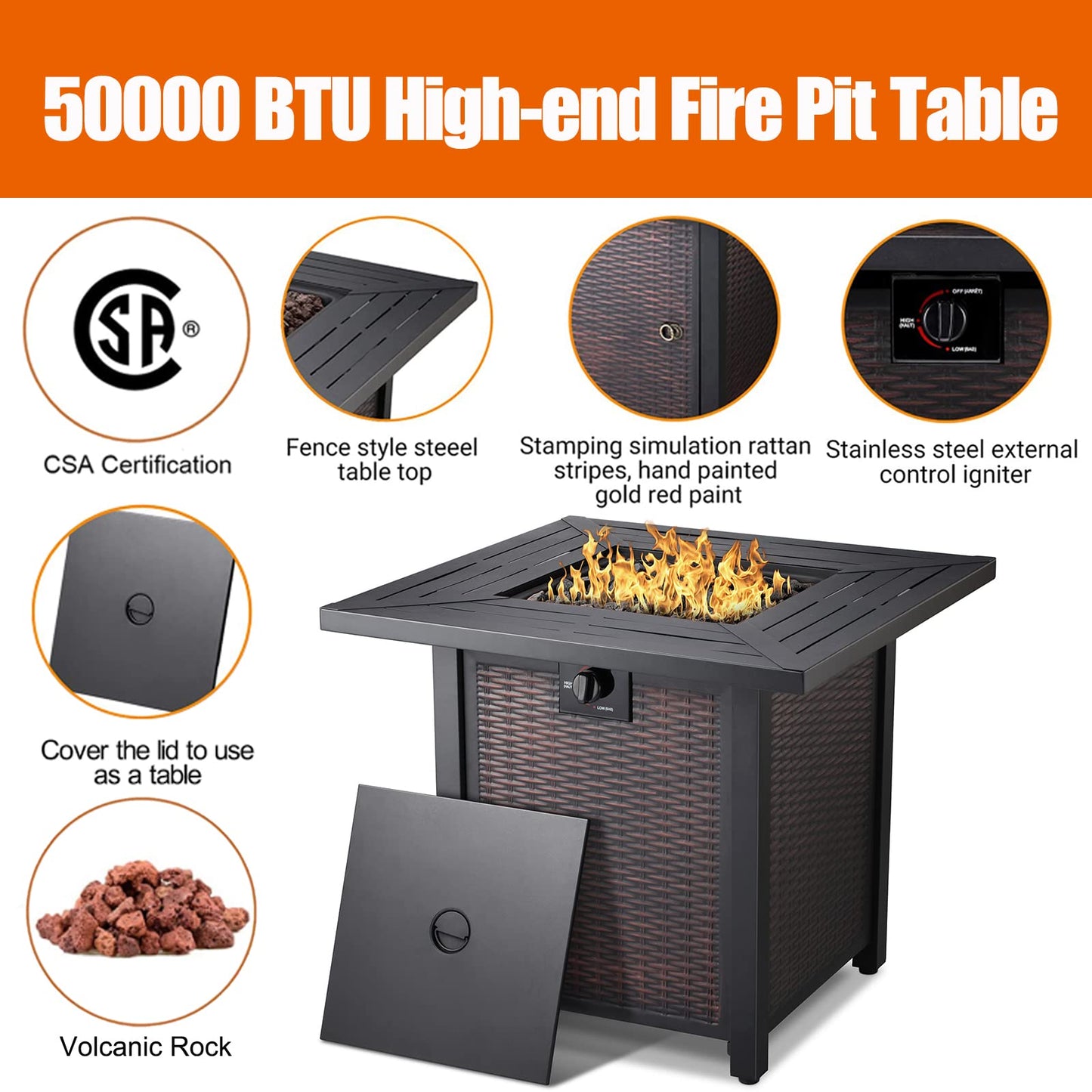 Propane Fire Pit Table, 28 Inch 50,000 BTU Auto-Ignition Gas Fire Pit Table, CSA Certification, Rattan-Look with 6.6 Lbs Lave Rock for Garden/Patio/Porch/Backyard.