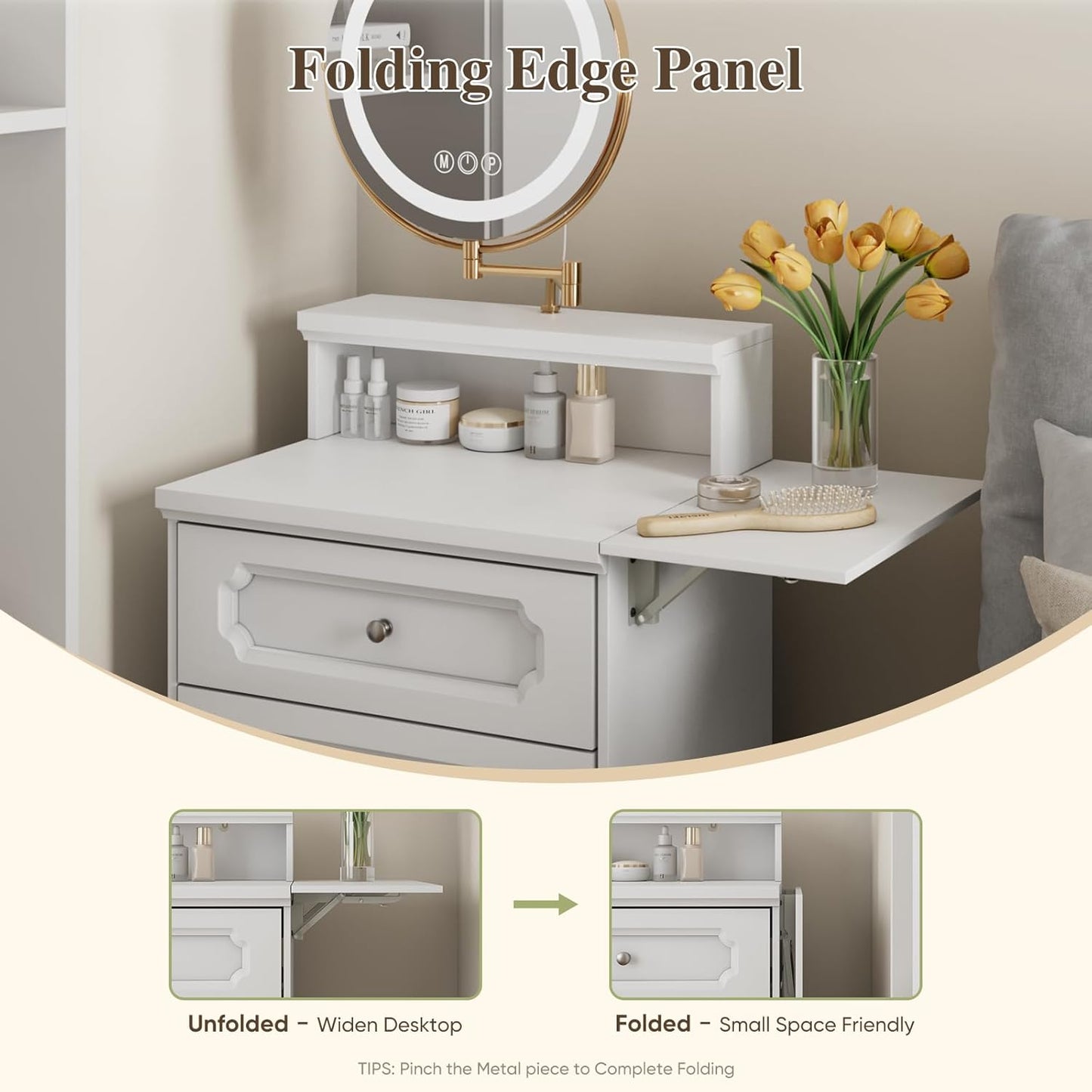 Semiocthome Farmhouse Makeup Vanity with Power Outlet 42"W Glass Top Vanity Desk with Sliding Mirror and Lights White Vanity Table with Adjustable Shelves and Side Cabinet Girls Vanity Set for Bedroom