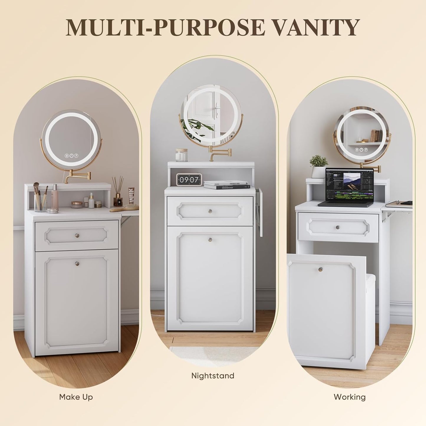 Semiocthome Farmhouse Makeup Vanity with Power Outlet 42"W Glass Top Vanity Desk with Sliding Mirror and Lights White Vanity Table with Adjustable Shelves and Side Cabinet Girls Vanity Set for Bedroom