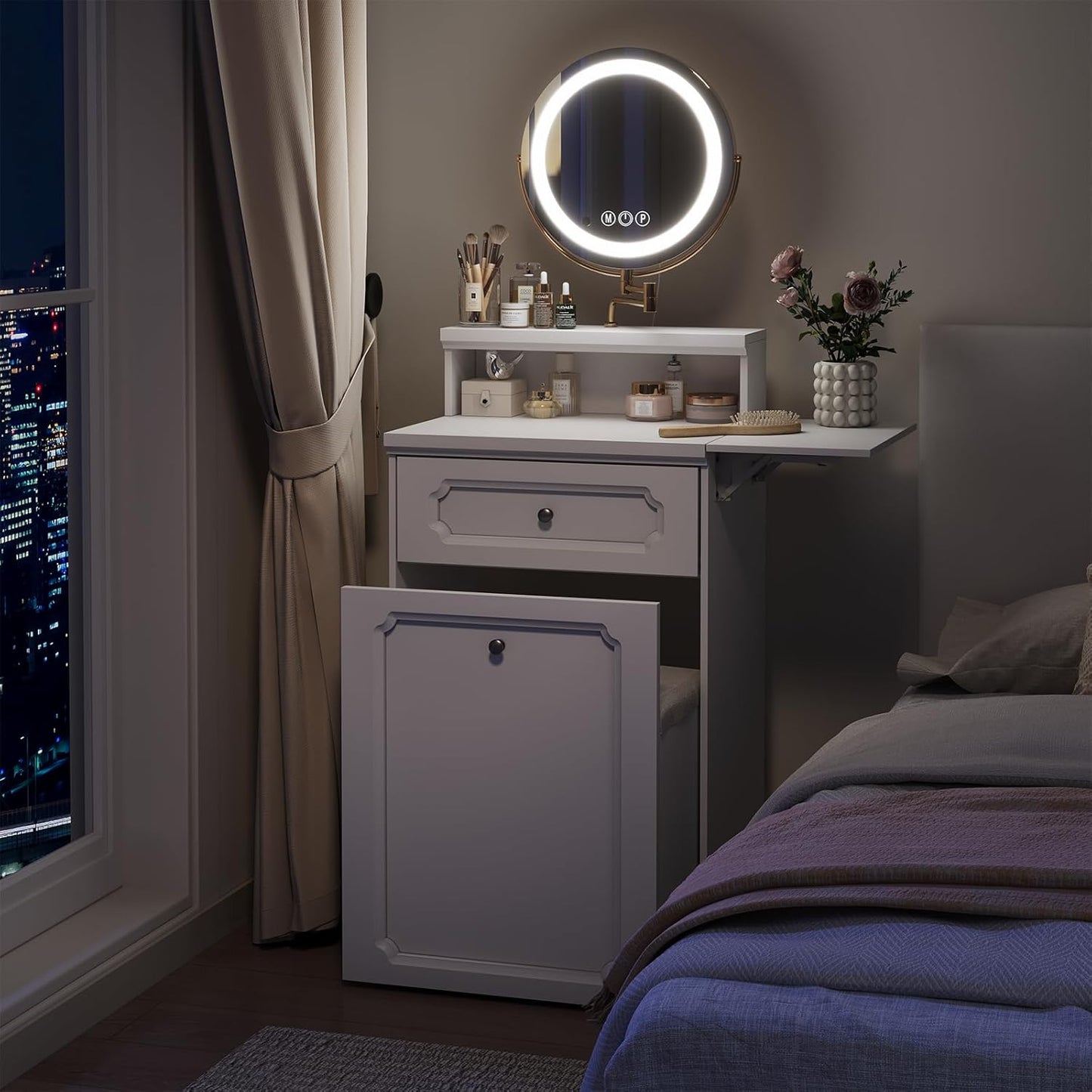 Semiocthome Farmhouse Makeup Vanity with Power Outlet 42"W Glass Top Vanity Desk with Sliding Mirror and Lights White Vanity Table with Adjustable Shelves and Side Cabinet Girls Vanity Set for Bedroom