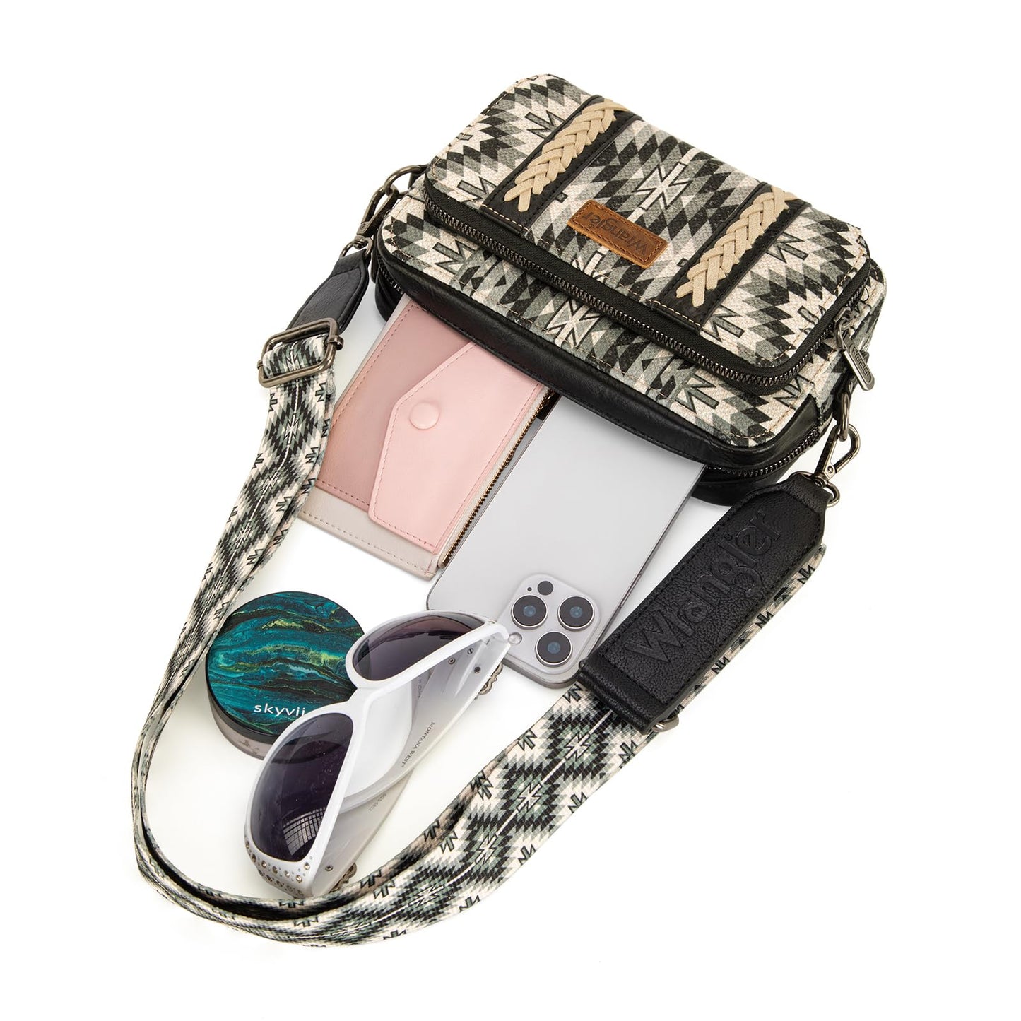 Wrangler Crossbody Bag for Women Boho Aztec Small Multi Pocket Crossover Purse