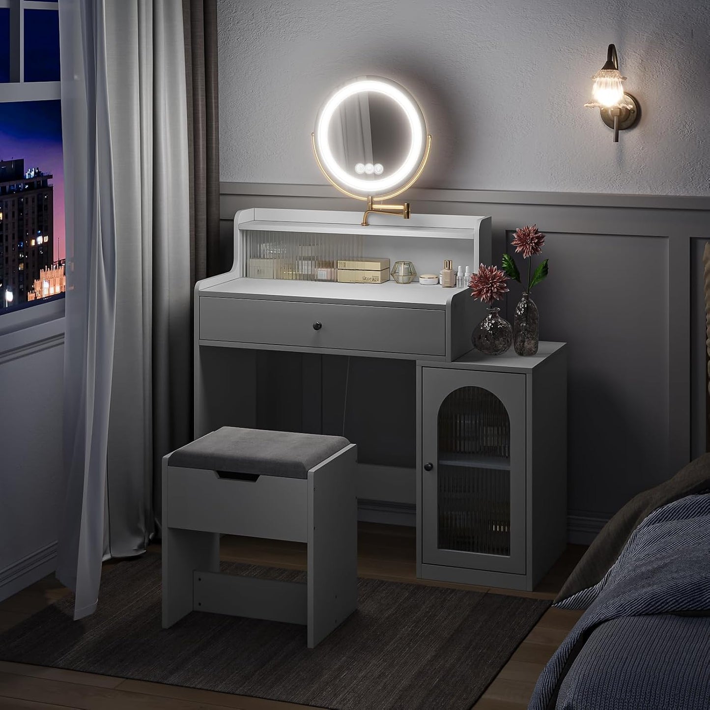 Semiocthome Farmhouse Makeup Vanity with Power Outlet 42"W Glass Top Vanity Desk with Sliding Mirror and Lights White Vanity Table with Adjustable Shelves and Side Cabinet Girls Vanity Set for Bedroom
