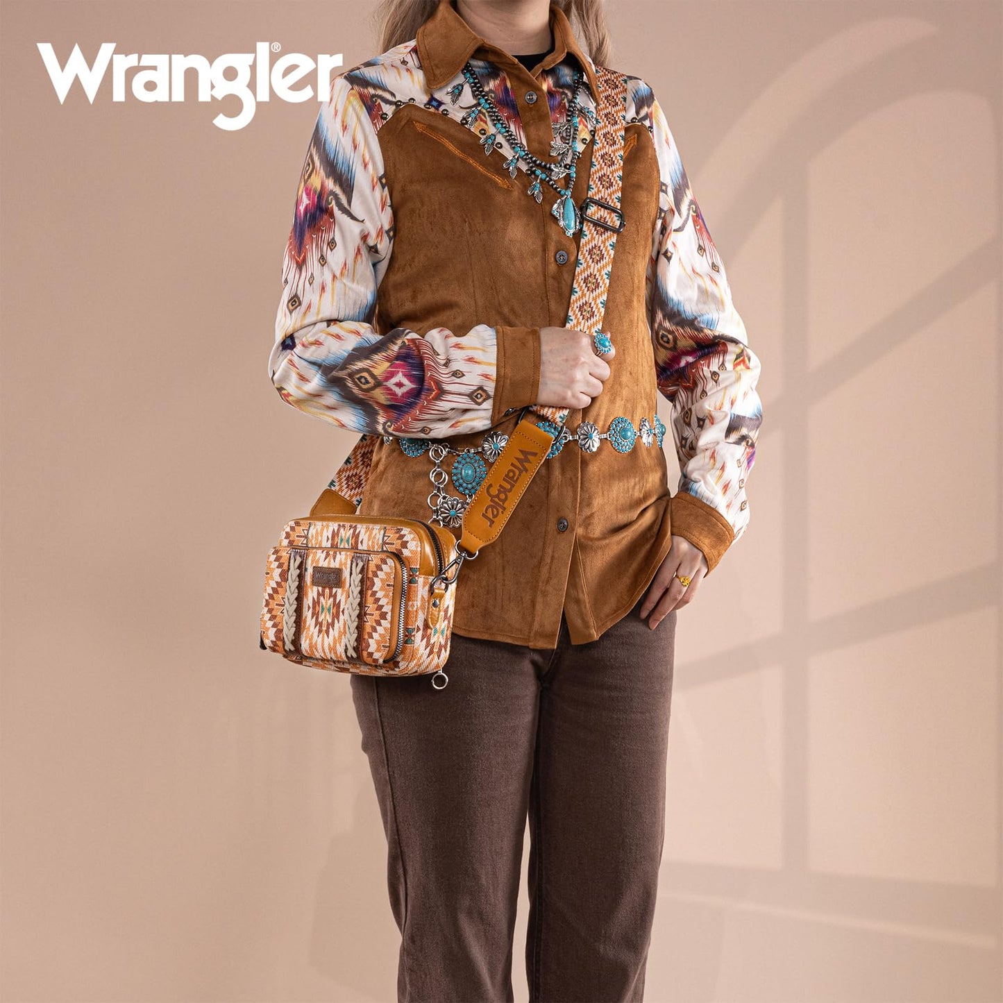 Wrangler Crossbody Bag for Women Boho Aztec Small Multi Pocket Crossover Purse