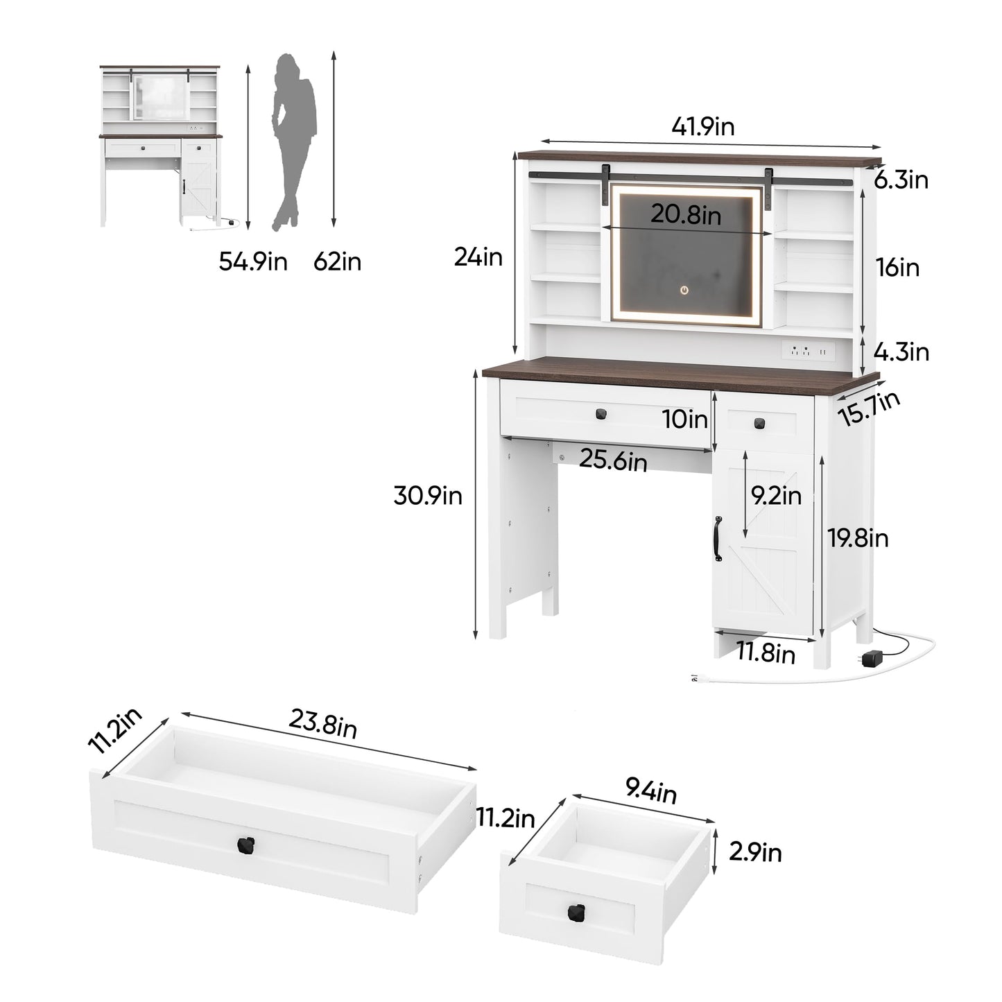 Semiocthome Farmhouse Makeup Vanity with Power Outlet 42"W Glass Top Vanity Desk with Sliding Mirror and Lights White Vanity Table with Adjustable Shelves and Side Cabinet Girls Vanity Set for Bedroom