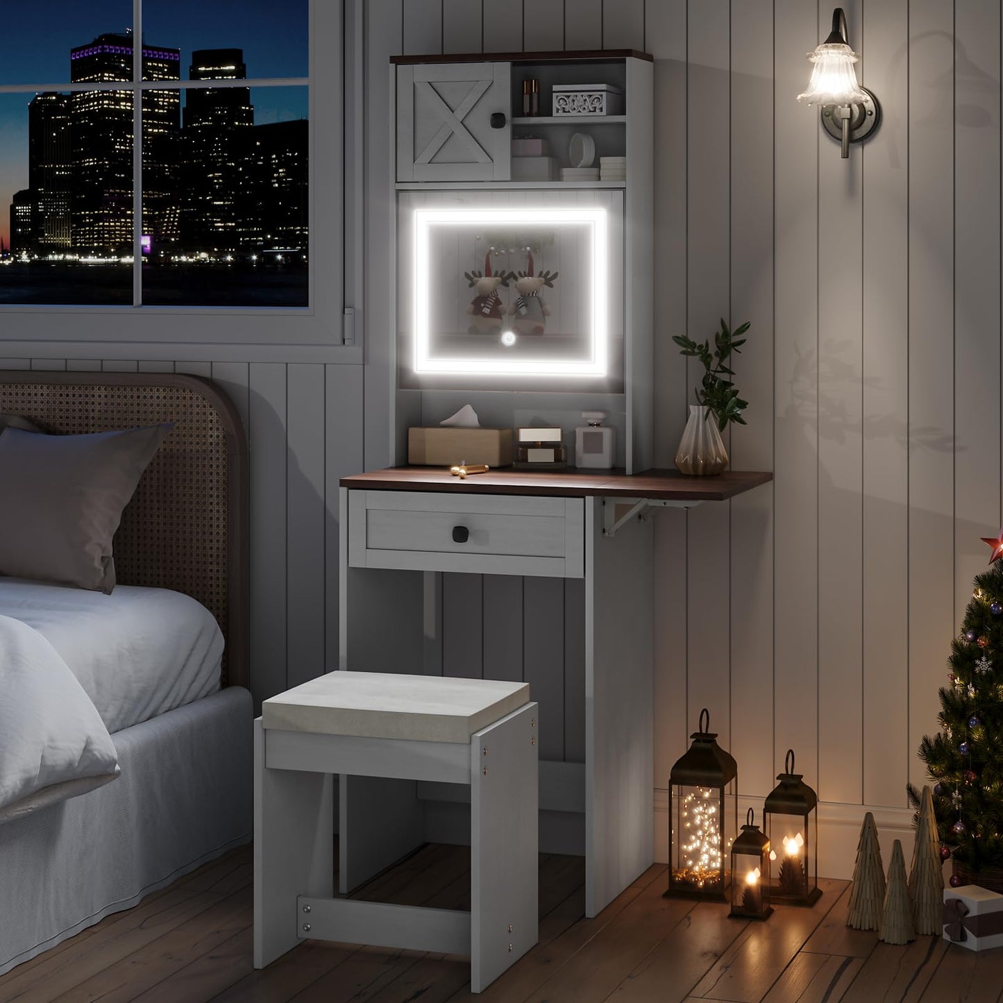 Semiocthome Farmhouse Makeup Vanity with Power Outlet 42"W Glass Top Vanity Desk with Sliding Mirror and Lights White Vanity Table with Adjustable Shelves and Side Cabinet Girls Vanity Set for Bedroom