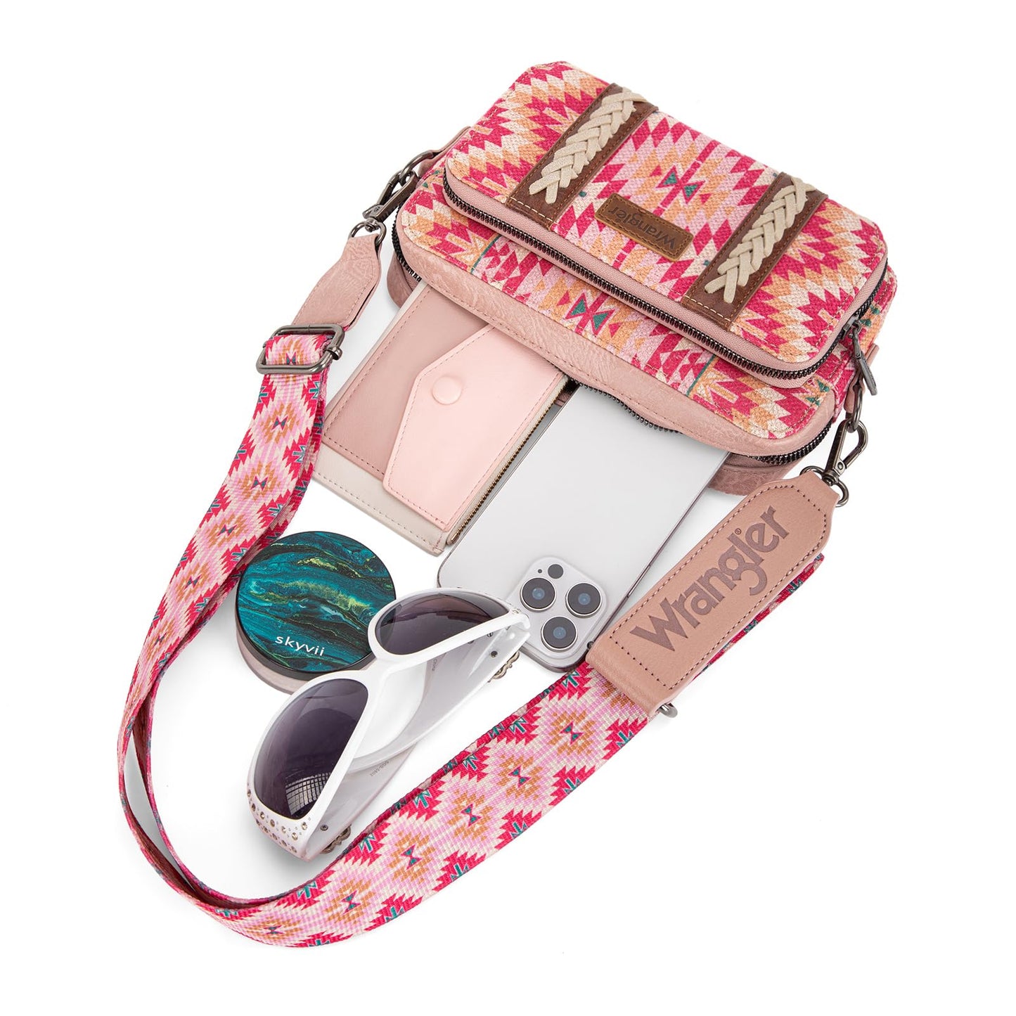 Wrangler Crossbody Bag for Women Boho Aztec Small Multi Pocket Crossover Purse