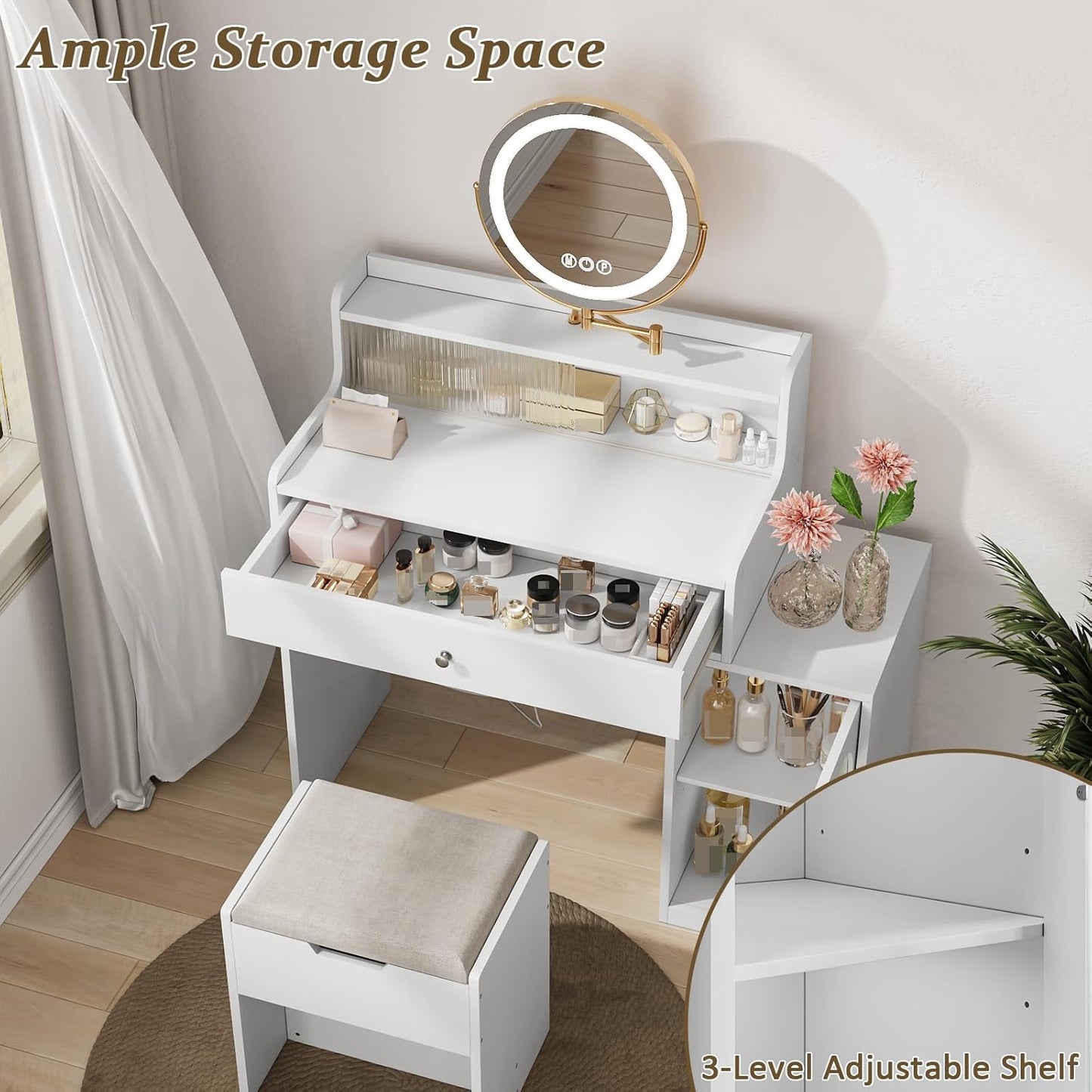 Semiocthome Farmhouse Makeup Vanity with Power Outlet 42"W Glass Top Vanity Desk with Sliding Mirror and Lights White Vanity Table with Adjustable Shelves and Side Cabinet Girls Vanity Set for Bedroom