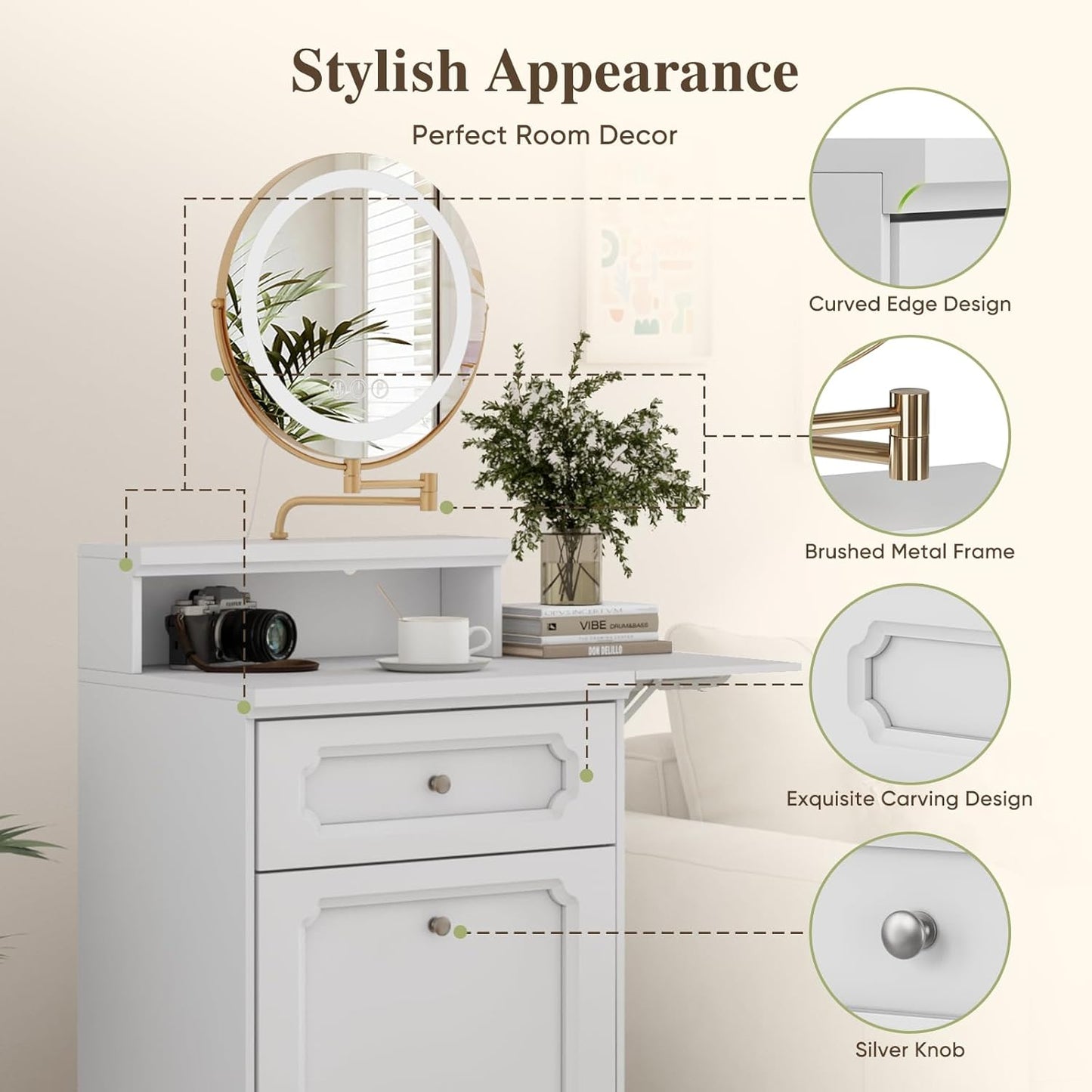 Semiocthome Farmhouse Makeup Vanity with Power Outlet 42"W Glass Top Vanity Desk with Sliding Mirror and Lights White Vanity Table with Adjustable Shelves and Side Cabinet Girls Vanity Set for Bedroom
