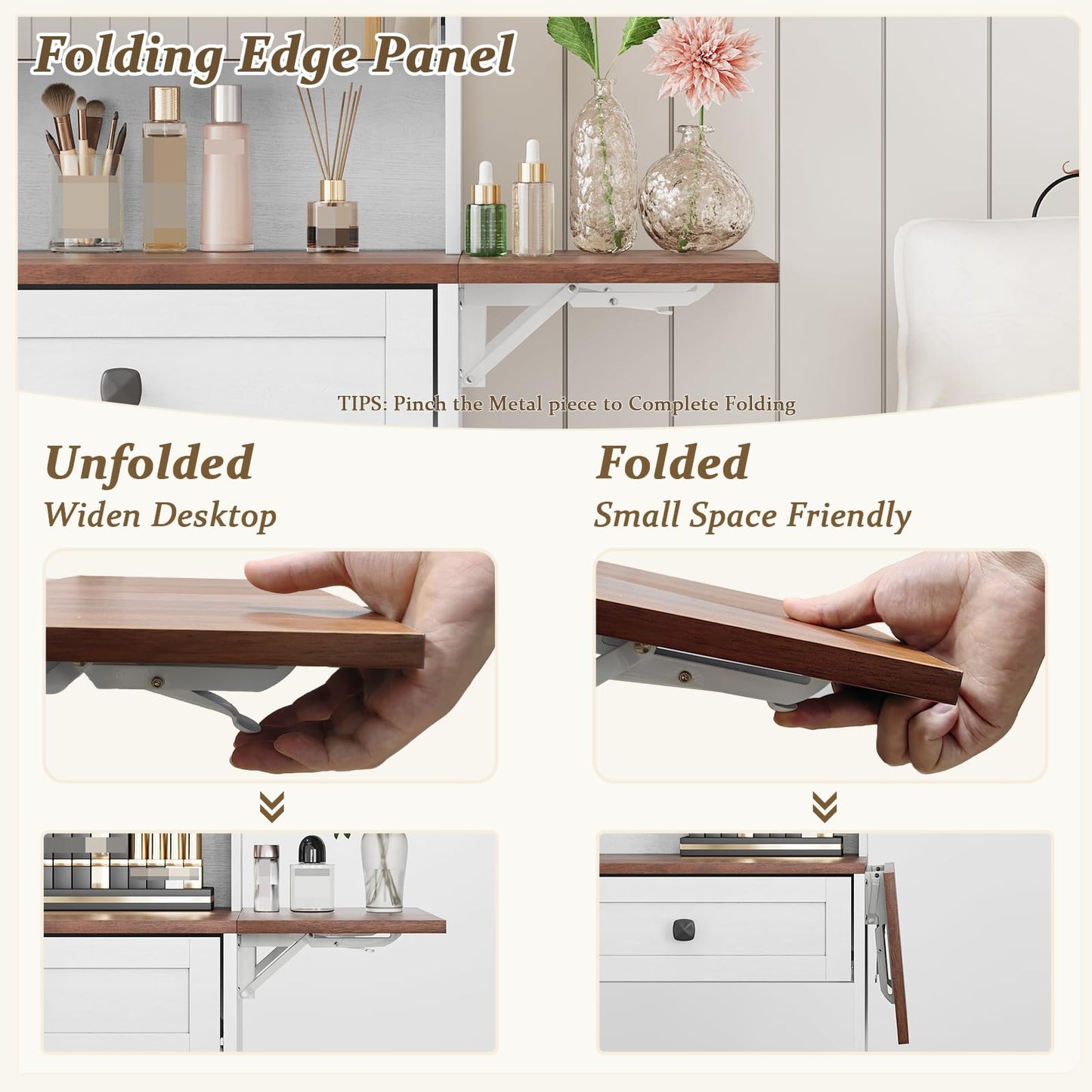 Semiocthome Farmhouse Makeup Vanity with Power Outlet 42"W Glass Top Vanity Desk with Sliding Mirror and Lights White Vanity Table with Adjustable Shelves and Side Cabinet Girls Vanity Set for Bedroom