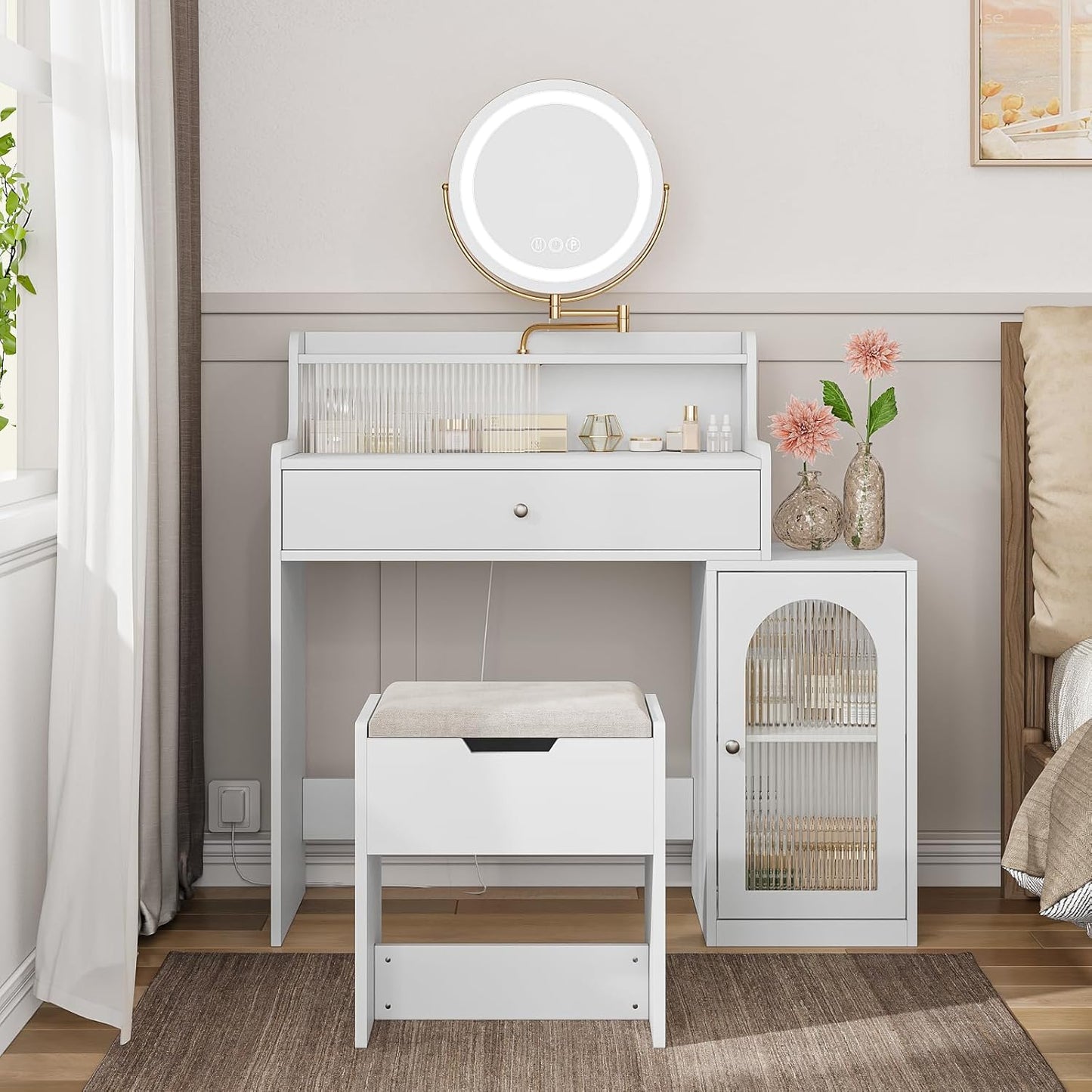 Semiocthome Farmhouse Makeup Vanity with Power Outlet 42"W Glass Top Vanity Desk with Sliding Mirror and Lights White Vanity Table with Adjustable Shelves and Side Cabinet Girls Vanity Set for Bedroom