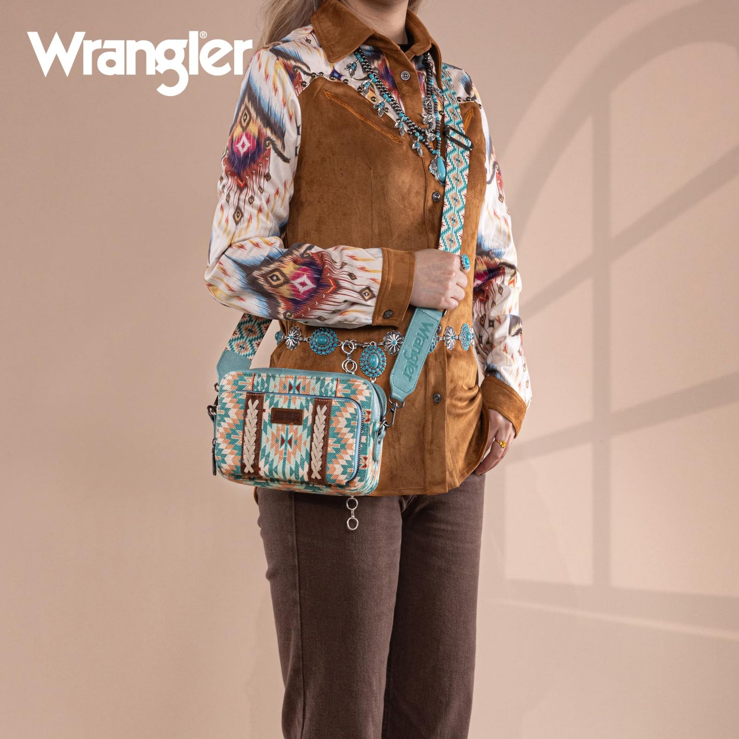 Wrangler Crossbody Bag for Women Boho Aztec Small Multi Pocket Crossover Purse