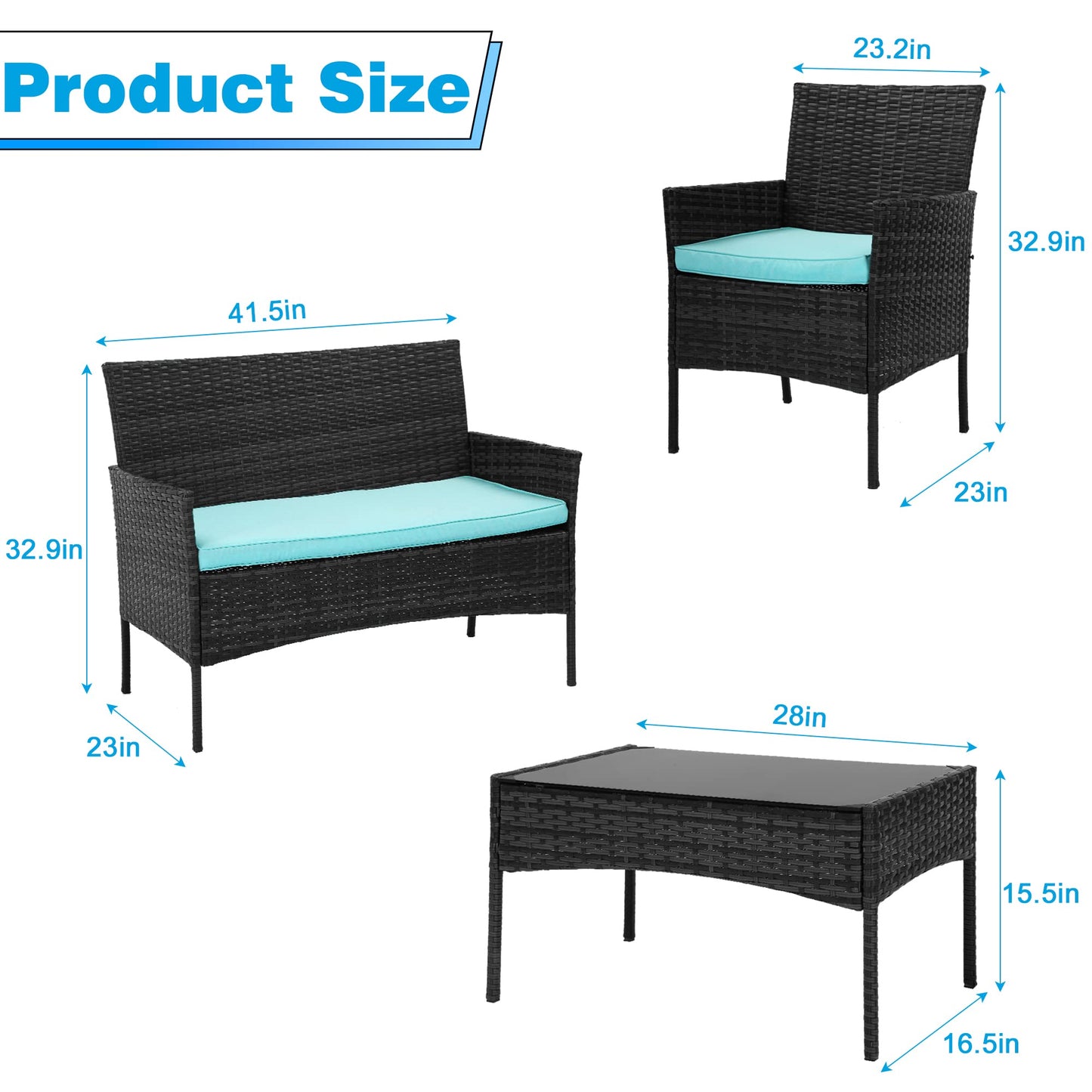 BestOffice Patio Furniture 4 Pieces Outdoor Indoor Use Rattan Chairs Wicker Patio Loveseats Conversation Sets with Table and Beige Cushions for Backyard Lawn Porch Garden Balcony,Blue