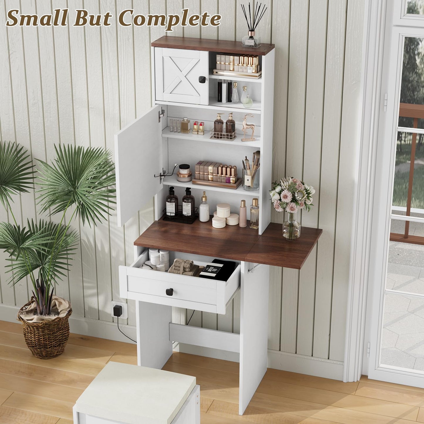 Semiocthome Farmhouse Makeup Vanity with Power Outlet 42"W Glass Top Vanity Desk with Sliding Mirror and Lights White Vanity Table with Adjustable Shelves and Side Cabinet Girls Vanity Set for Bedroom