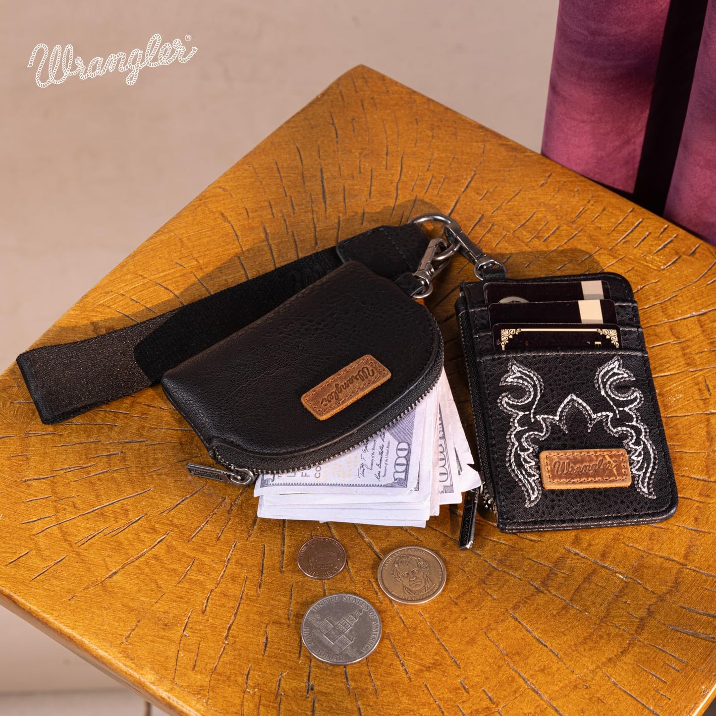Wrangler Keychain Wristlet Wallets for Women Western Dual Pouch Wristlet Credit Card Holder Wallet WG145-W007LP