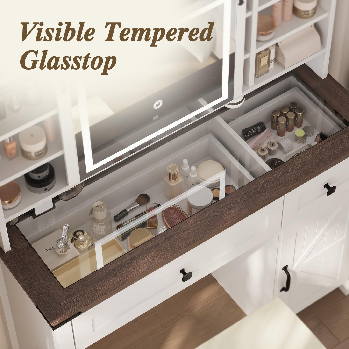 Semiocthome Farmhouse Makeup Vanity with Power Outlet 42"W Glass Top Vanity Desk with Sliding Mirror and Lights White Vanity Table with Adjustable Shelves and Side Cabinet Girls Vanity Set for Bedroom