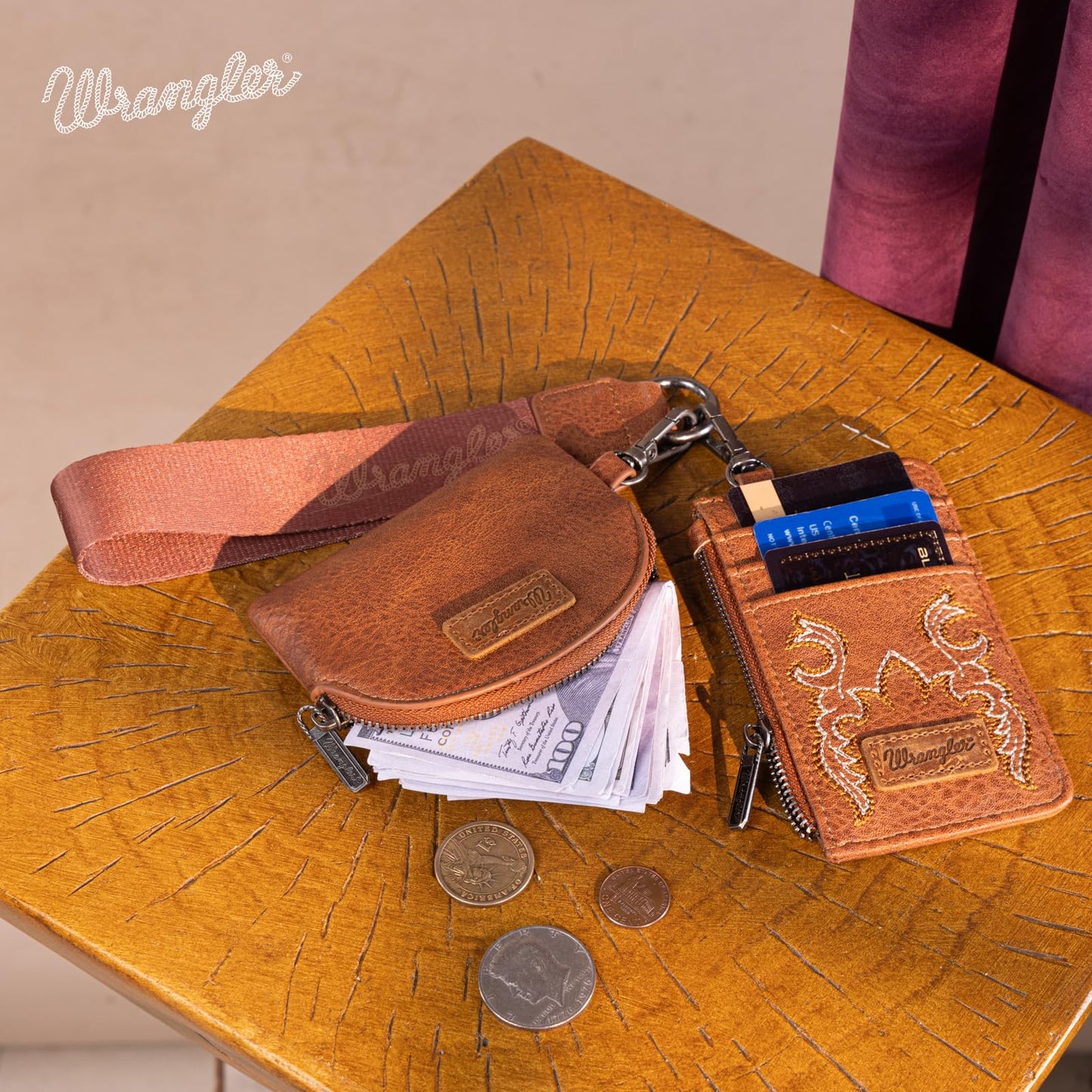 Wrangler Keychain Wristlet Wallets for Women Western Dual Pouch Wristlet Credit Card Holder Wallet WG145-W007LP