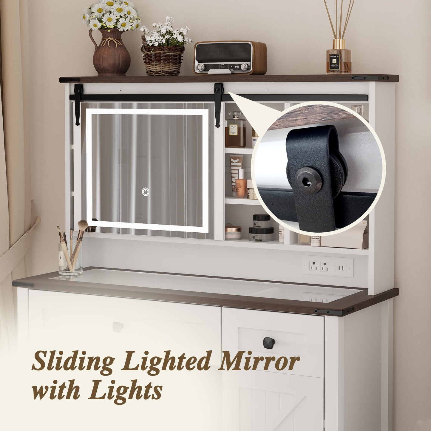 Semiocthome Farmhouse Makeup Vanity with Power Outlet 42"W Glass Top Vanity Desk with Sliding Mirror and Lights White Vanity Table with Adjustable Shelves and Side Cabinet Girls Vanity Set for Bedroom