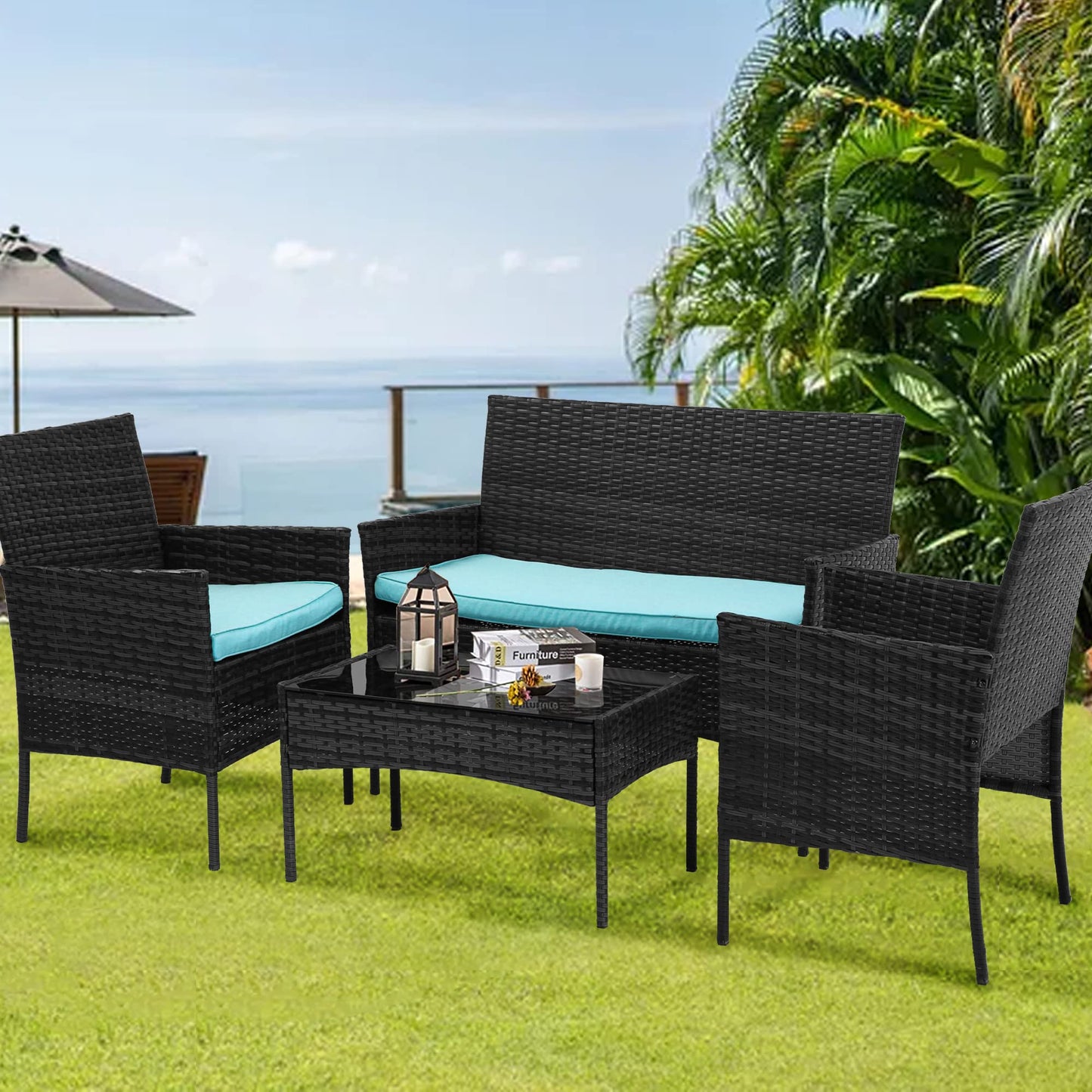 BestOffice Patio Furniture 4 Pieces Outdoor Indoor Use Rattan Chairs Wicker Patio Loveseats Conversation Sets with Table and Beige Cushions for Backyard Lawn Porch Garden Balcony,Blue