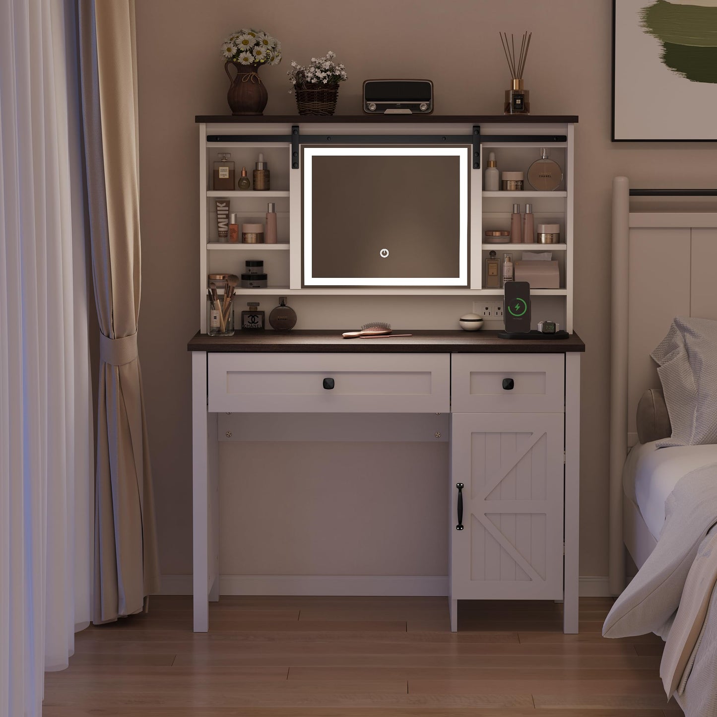 Semiocthome Farmhouse Makeup Vanity with Power Outlet 42"W Glass Top Vanity Desk with Sliding Mirror and Lights White Vanity Table with Adjustable Shelves and Side Cabinet Girls Vanity Set for Bedroom
