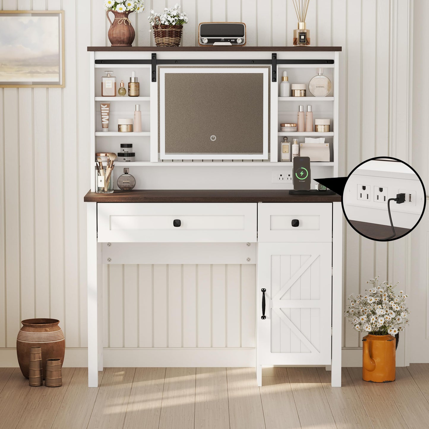 Semiocthome Farmhouse Makeup Vanity with Power Outlet 42"W Glass Top Vanity Desk with Sliding Mirror and Lights White Vanity Table with Adjustable Shelves and Side Cabinet Girls Vanity Set for Bedroom